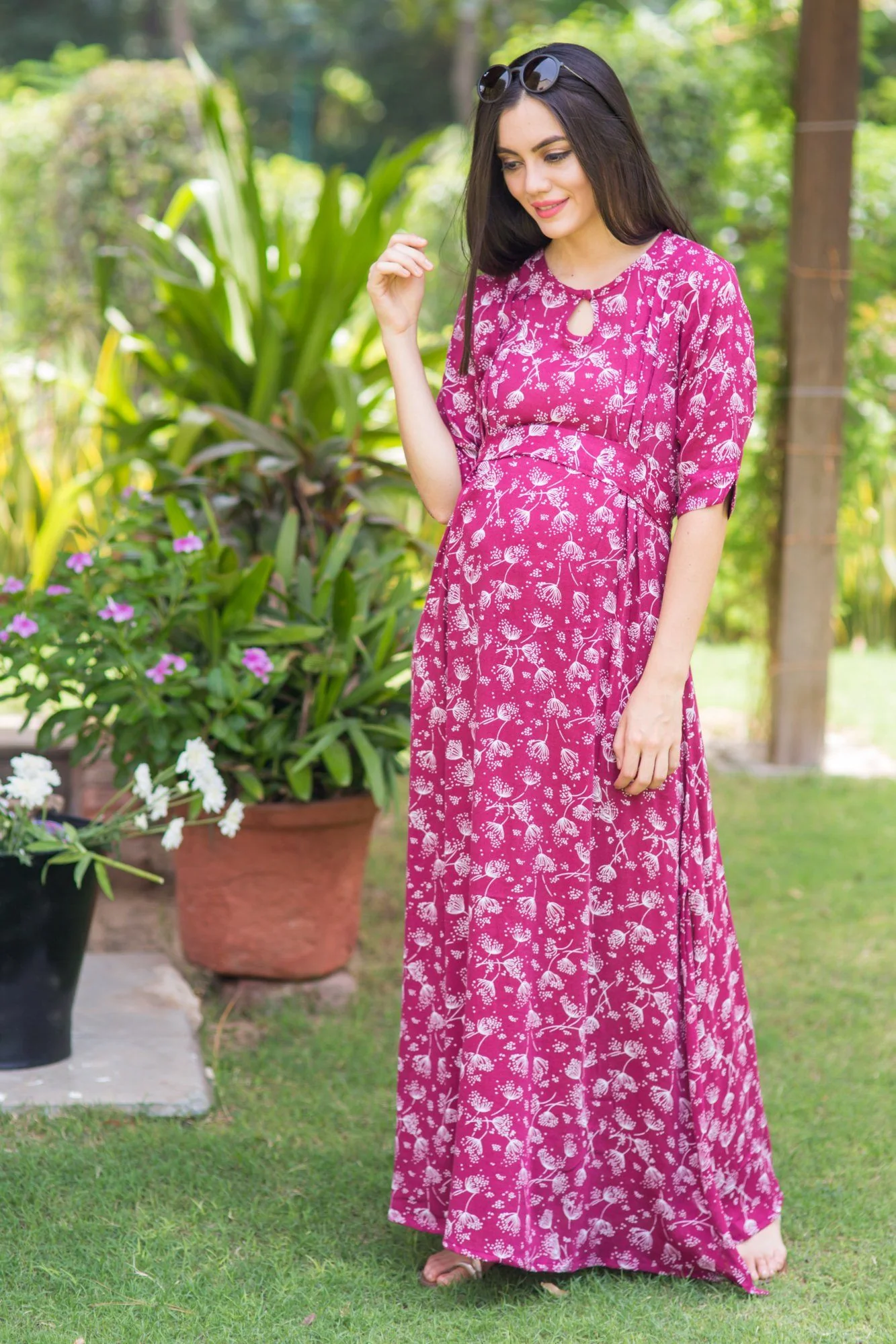 Burgandy Moss Side Slit Concealed Zips Maternity & Nursing Dress - Chenance