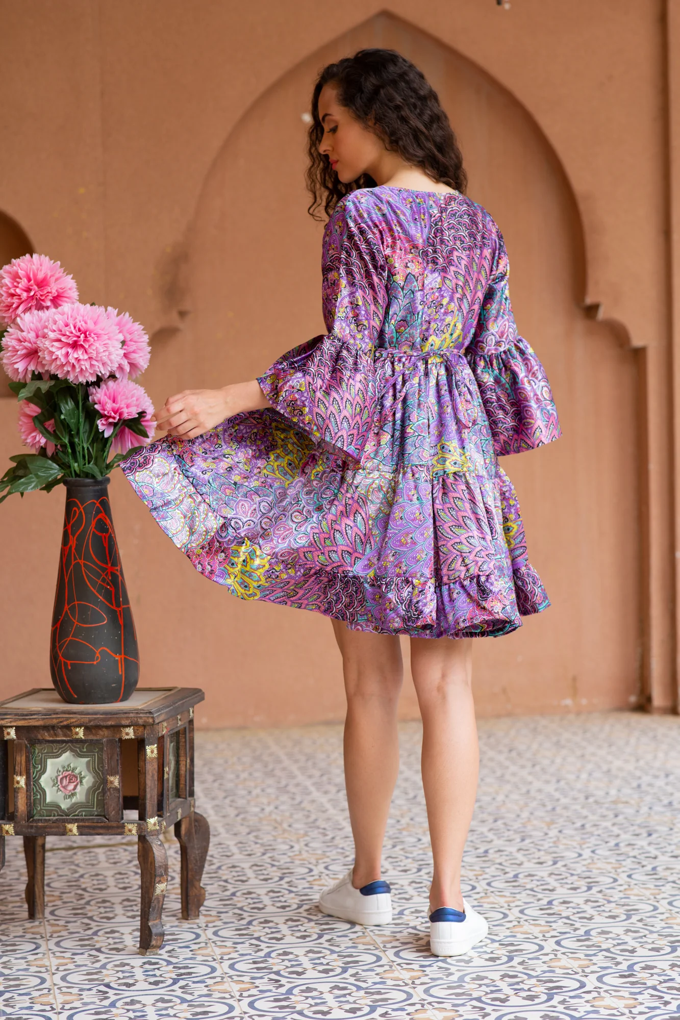 Peppy Floral Plum Satin Maternity Knee Dress - Chenance