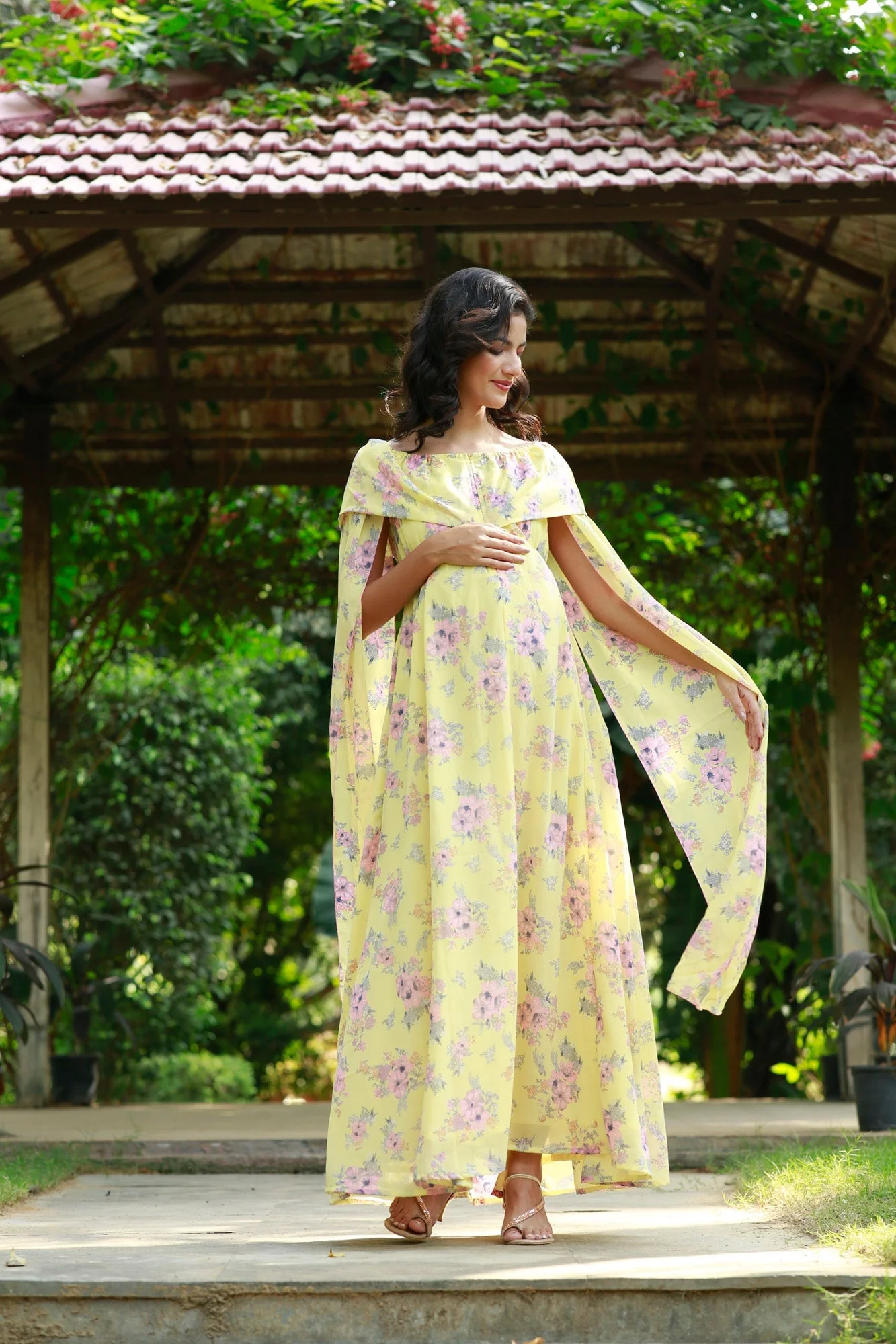 Lemon Pink Blossom Flying Sleeves Maternity & Nursing Dress - Chenance