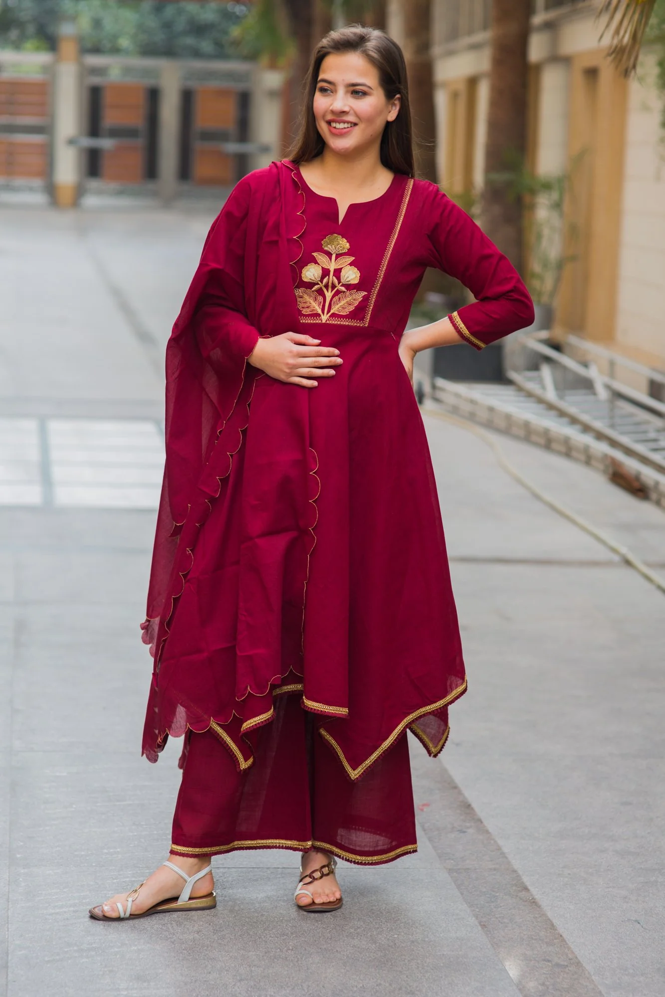 Premium Maroon Assym Gold Zari Maternity & Nursing Suit Set (3 pc) - Chenance