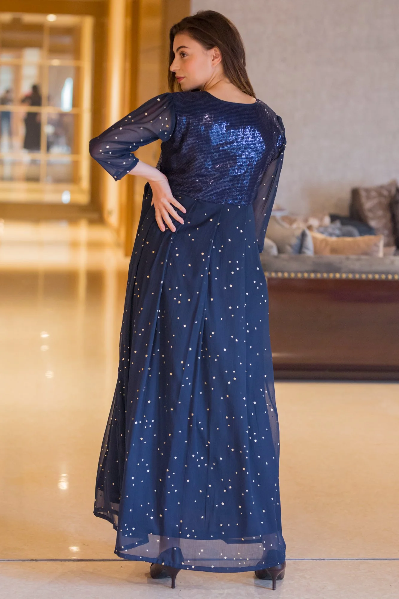 Starry Blue Silver Sequin Maternity & Nursing Dress - Chenance
