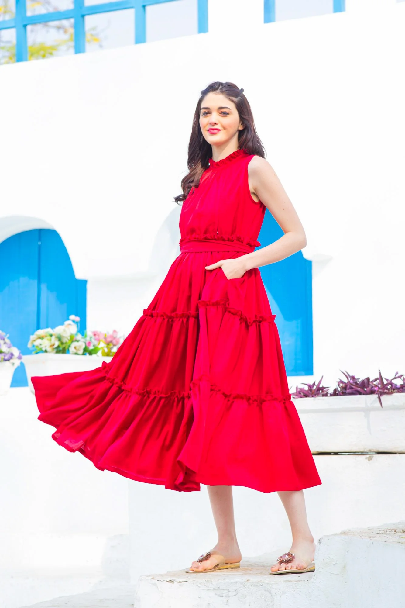 Candy Red Maternity & Nursing Concealed Zips Frill Dress - Chenance