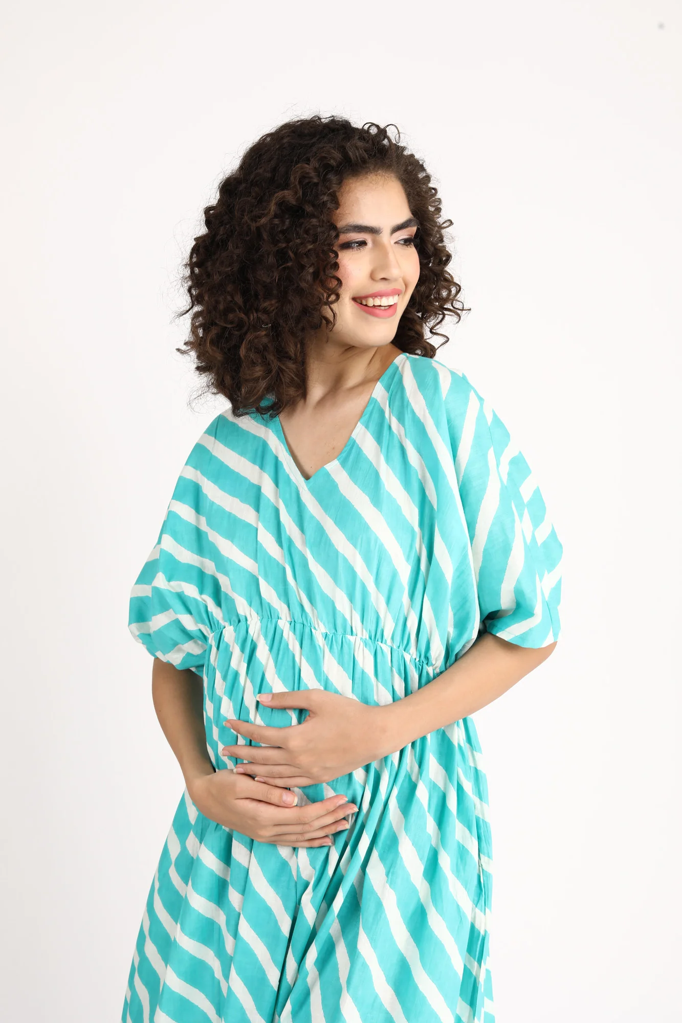 Teal Green Striped Maternity Kaftan Dress (100% Cotton) - Chenance