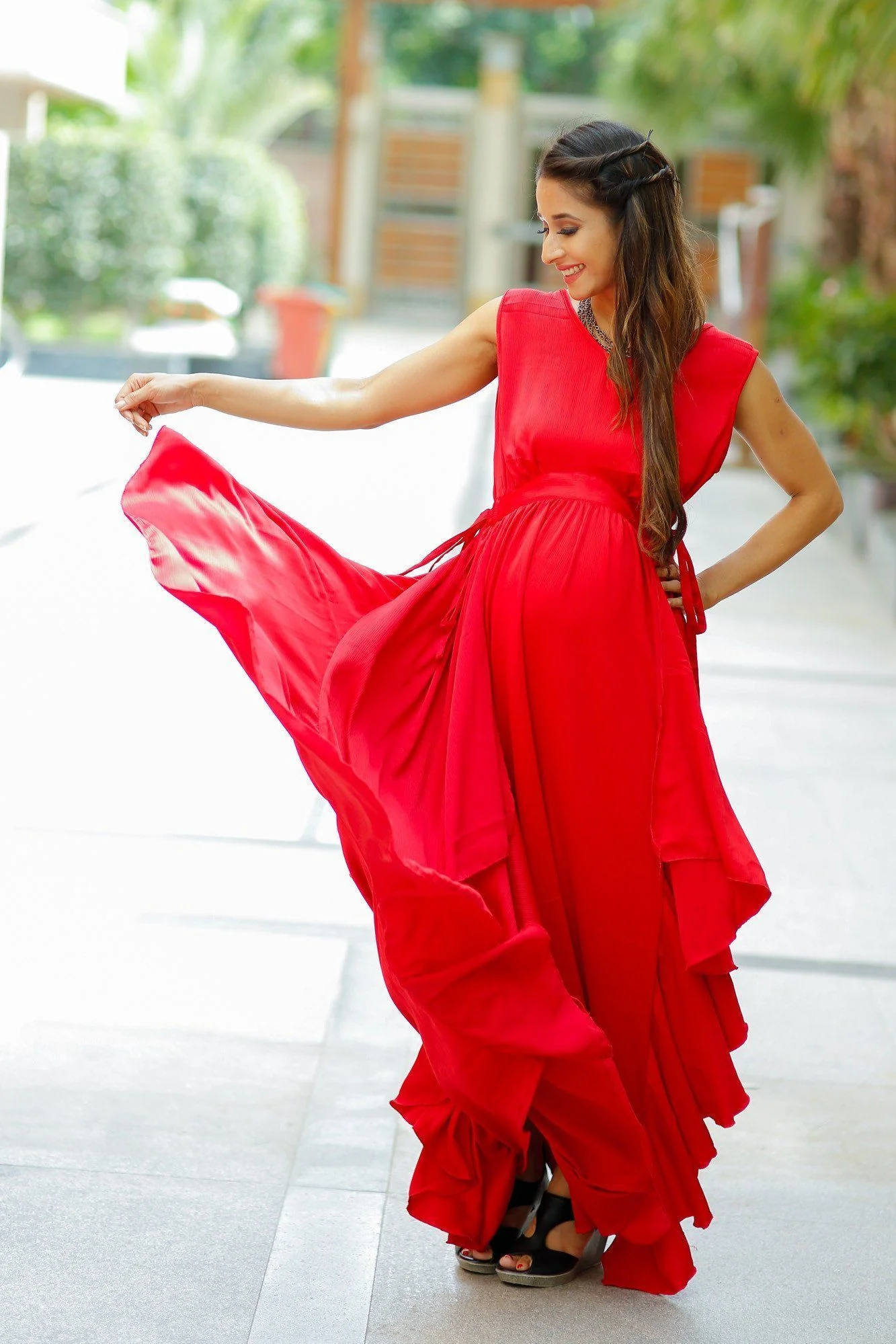 Luxe Candy Red Cascading Maternity Dress - Chenance