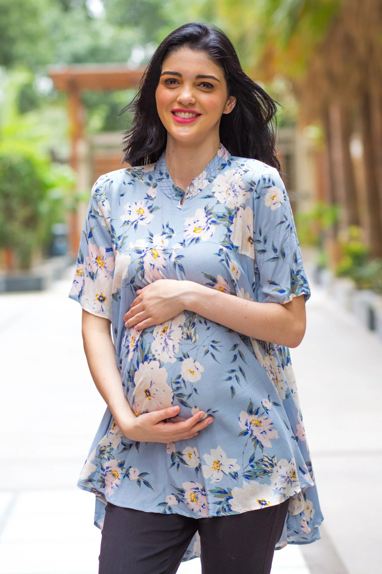 Pastel Blue Floral Flowing Maternity & Nursing Top - Chenance