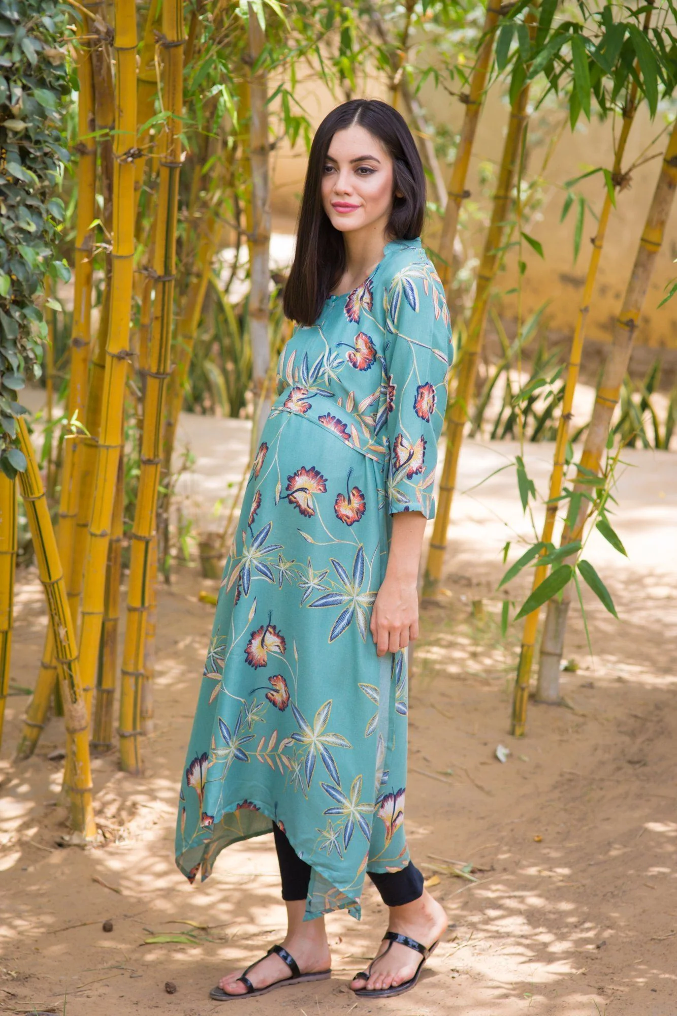 Mint Floral Front Zip Nursing Kurta - Chenance