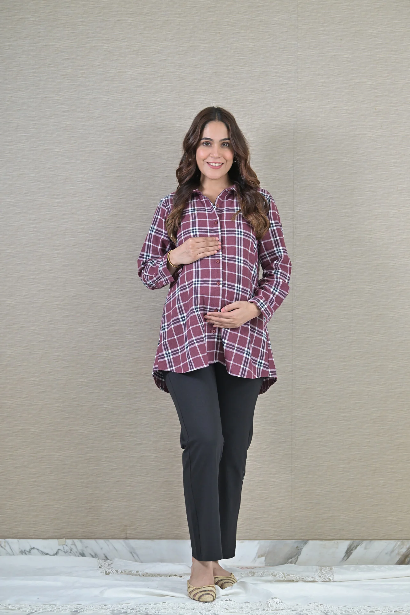 Sangria Check Maternity & Nursing Top - Chenance
