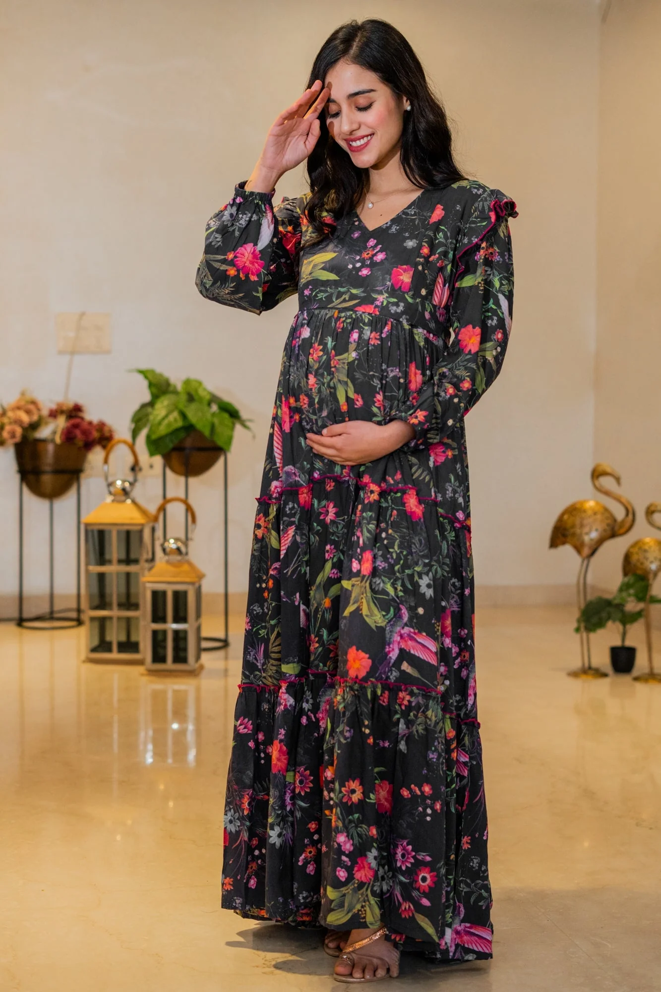 Serene Midnight Blooming Maternity & Nursing Layered Dress - Chenance