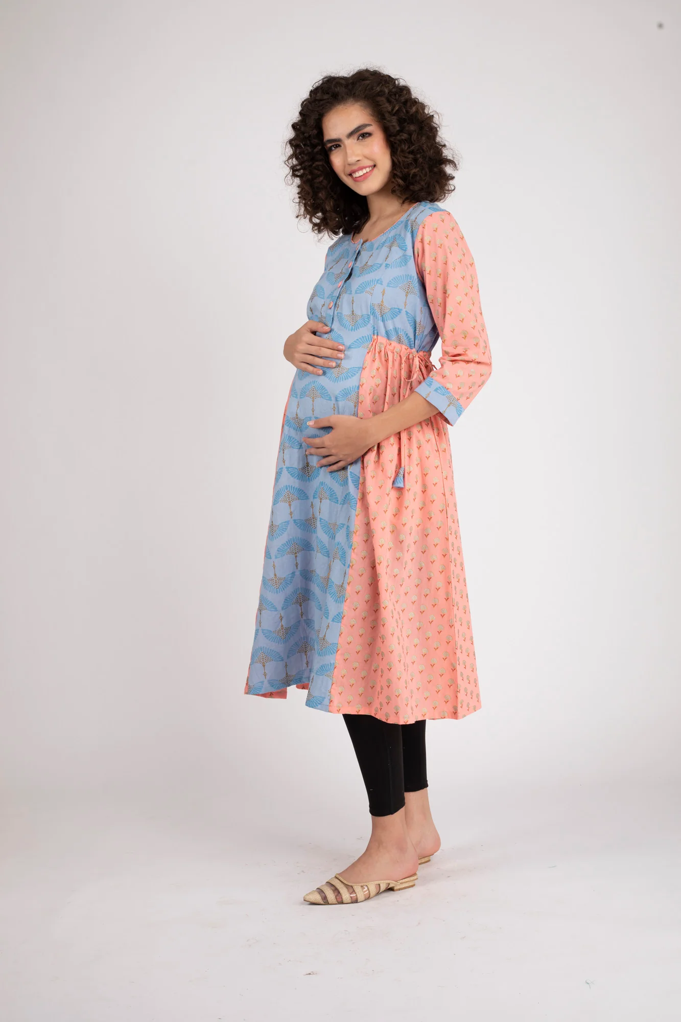 Ice Blue Gold Peach Maternity & Nursing Side Tie Kurta Dress (100% Cotton) - Chenance