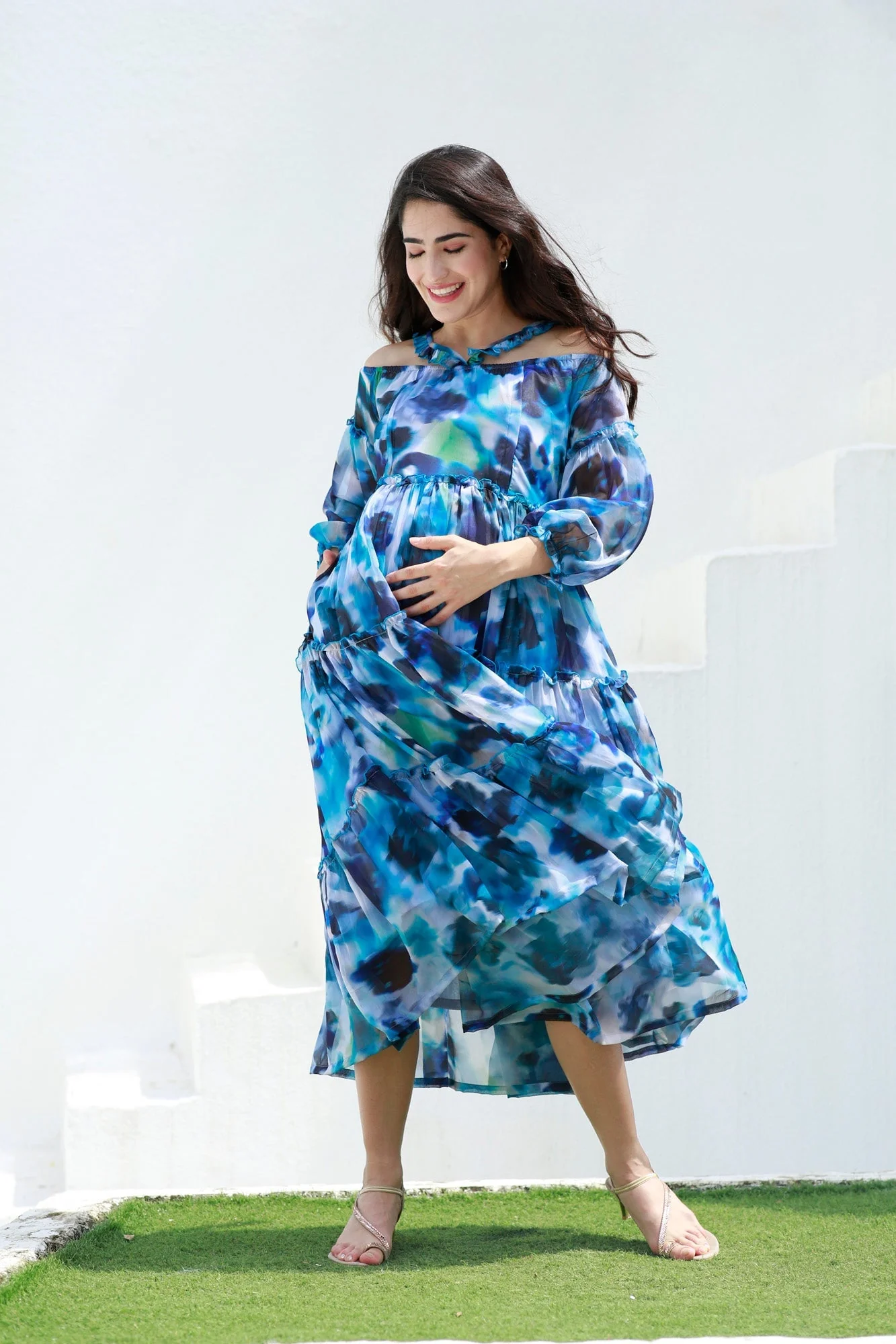 Paradise Blue Waves Halter Maternity & Nursing Frill Dress - Chenance
