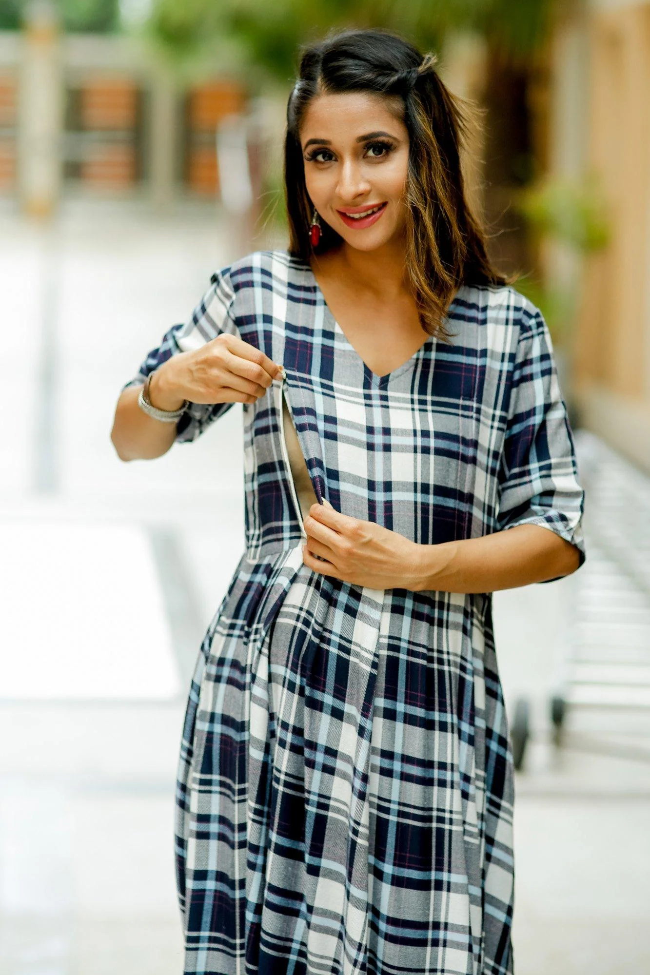 Royal Navy Plaid Concealed Zips Maternity and Nursing Dress - Chenance