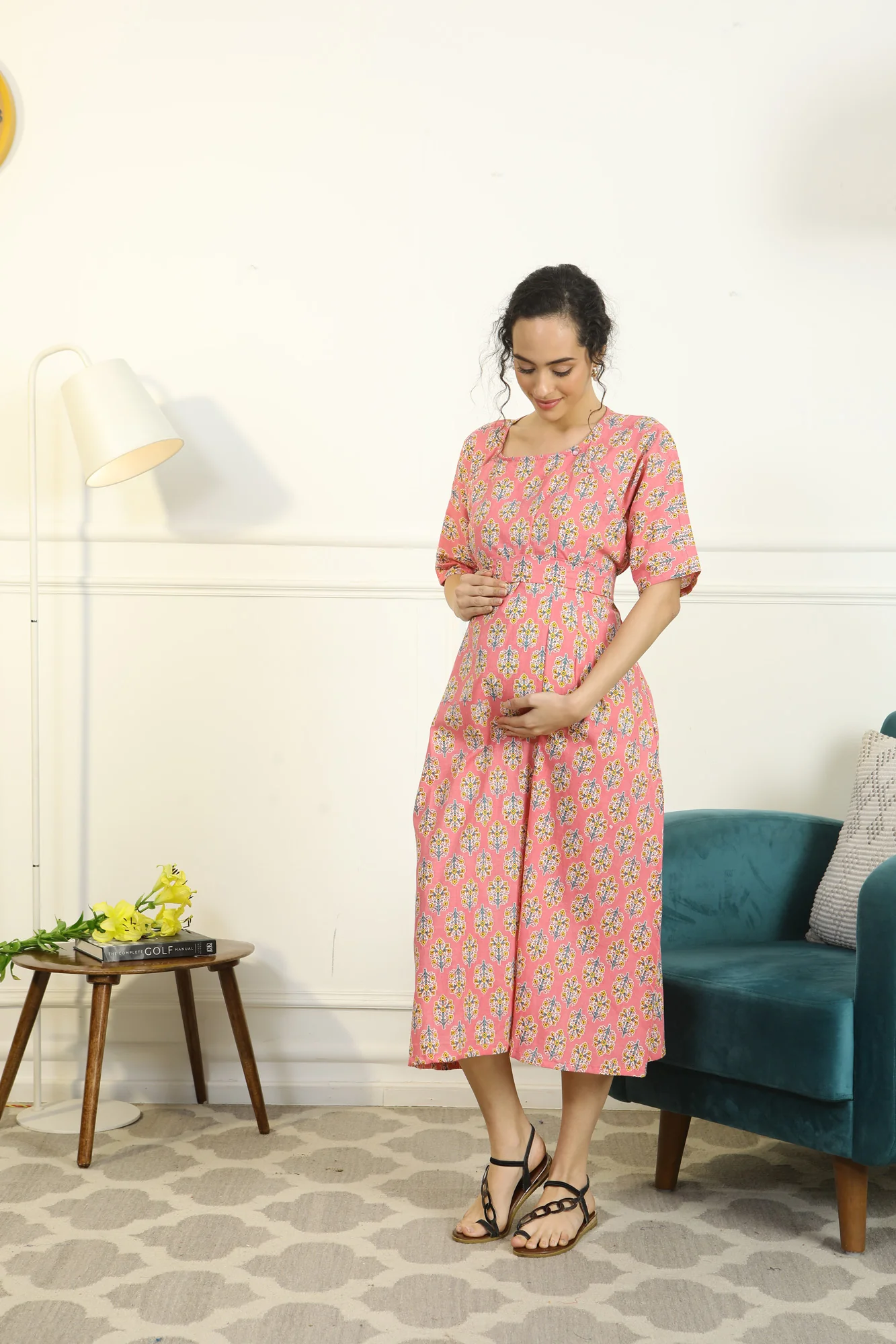Restful Blossom Coral Shoulder Snap Delivery Gown + Matching Baby Swaddle Set Of 2 - Chenance