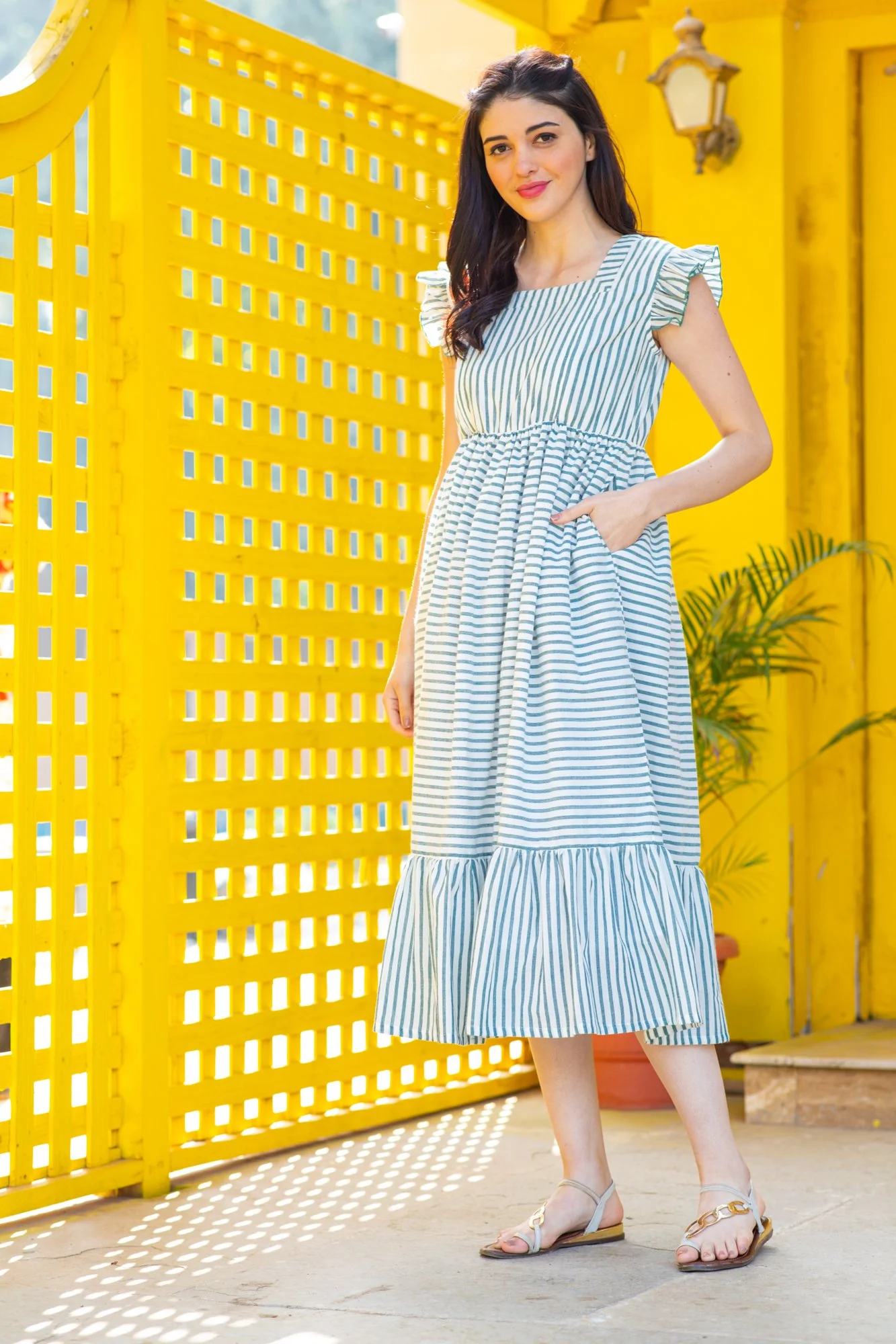 Sage Striped Maternity & Nursing Frill Dress - Chenance