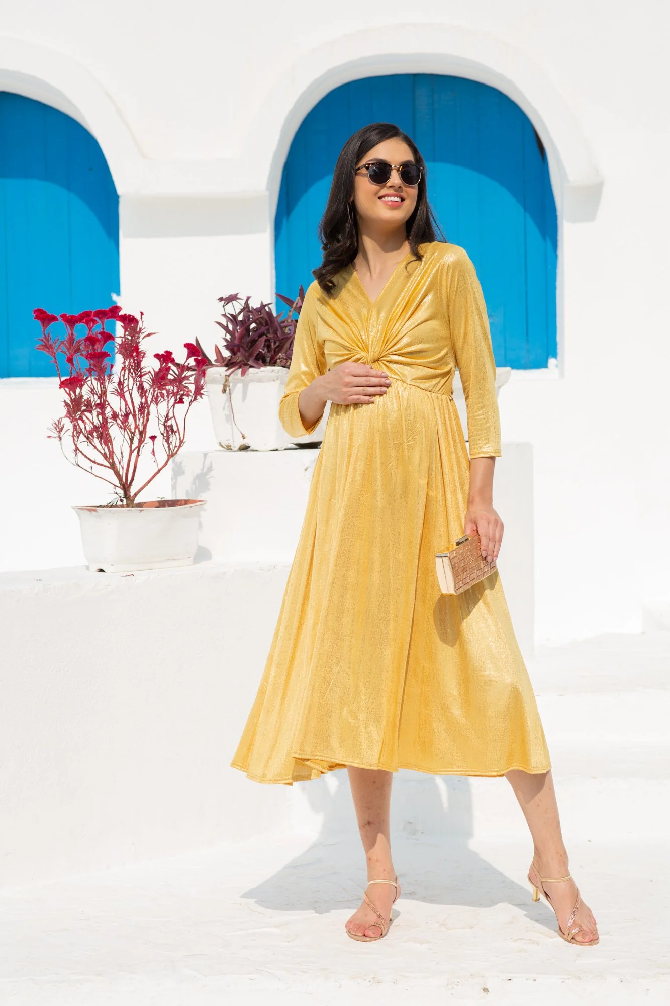 Luxe Royal Shimmer Gold Front Knot Lycra Maternity Dress - Chenance