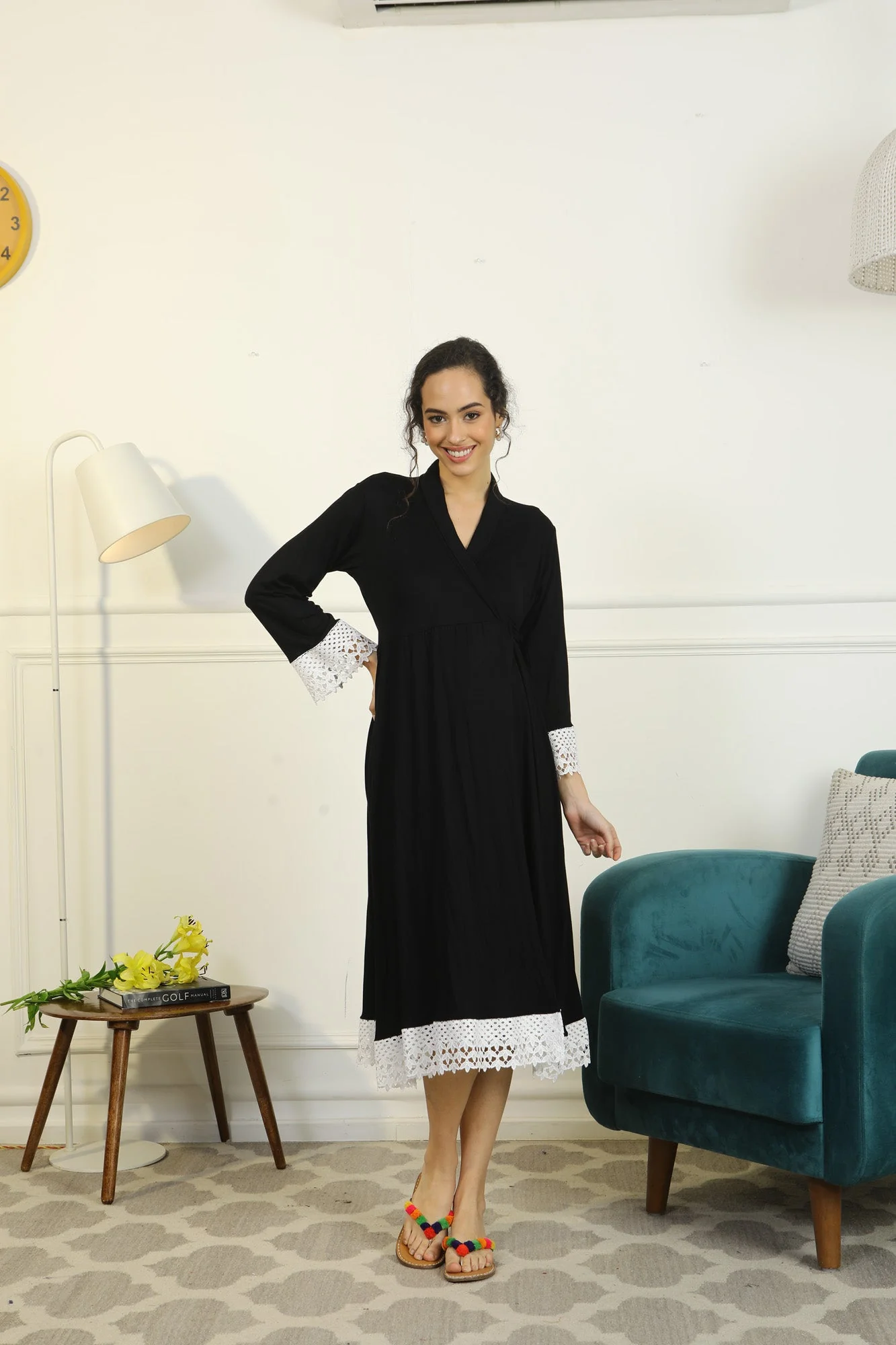 Royal Black Lycra Maternity & Nursing Wrap Nightwear Dress/ Hospital Gown/ Delivery Robes - Chenance