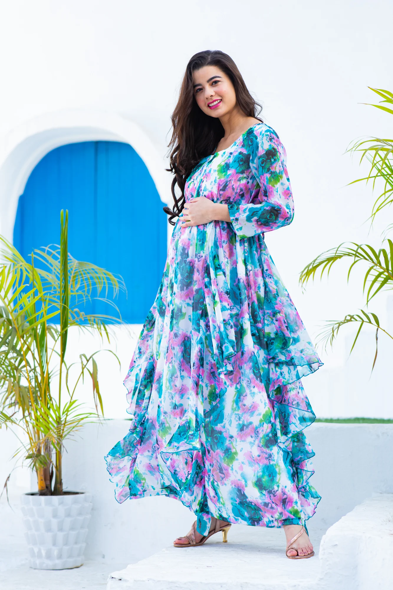 Luxe Vibrant Cascading Floral Maternity & Nursing Flow Dress - Chenance