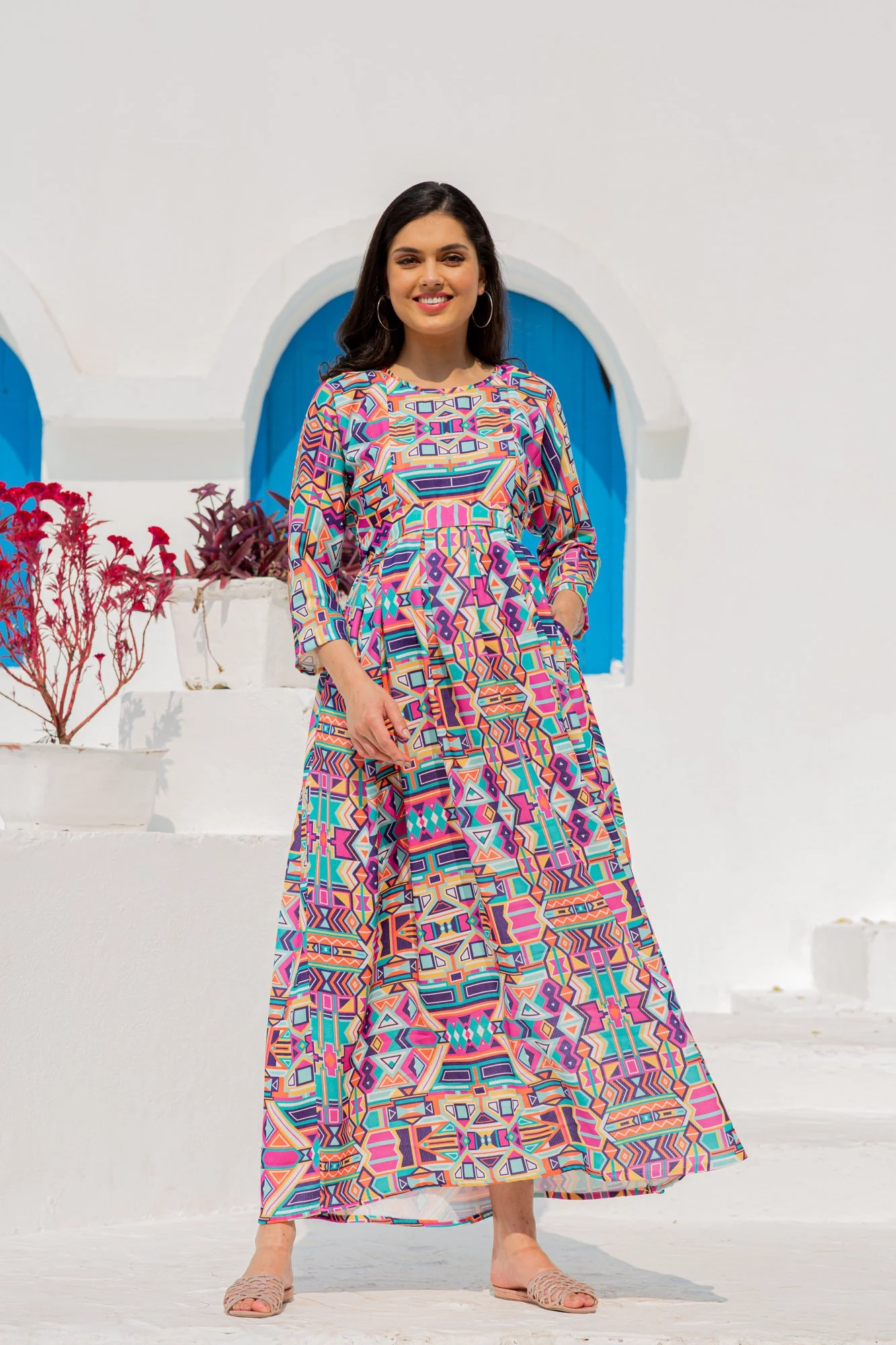 Premium Paradise Vibrant Abstract Concealed Zip Maternity & Nursing Dress - Chenance