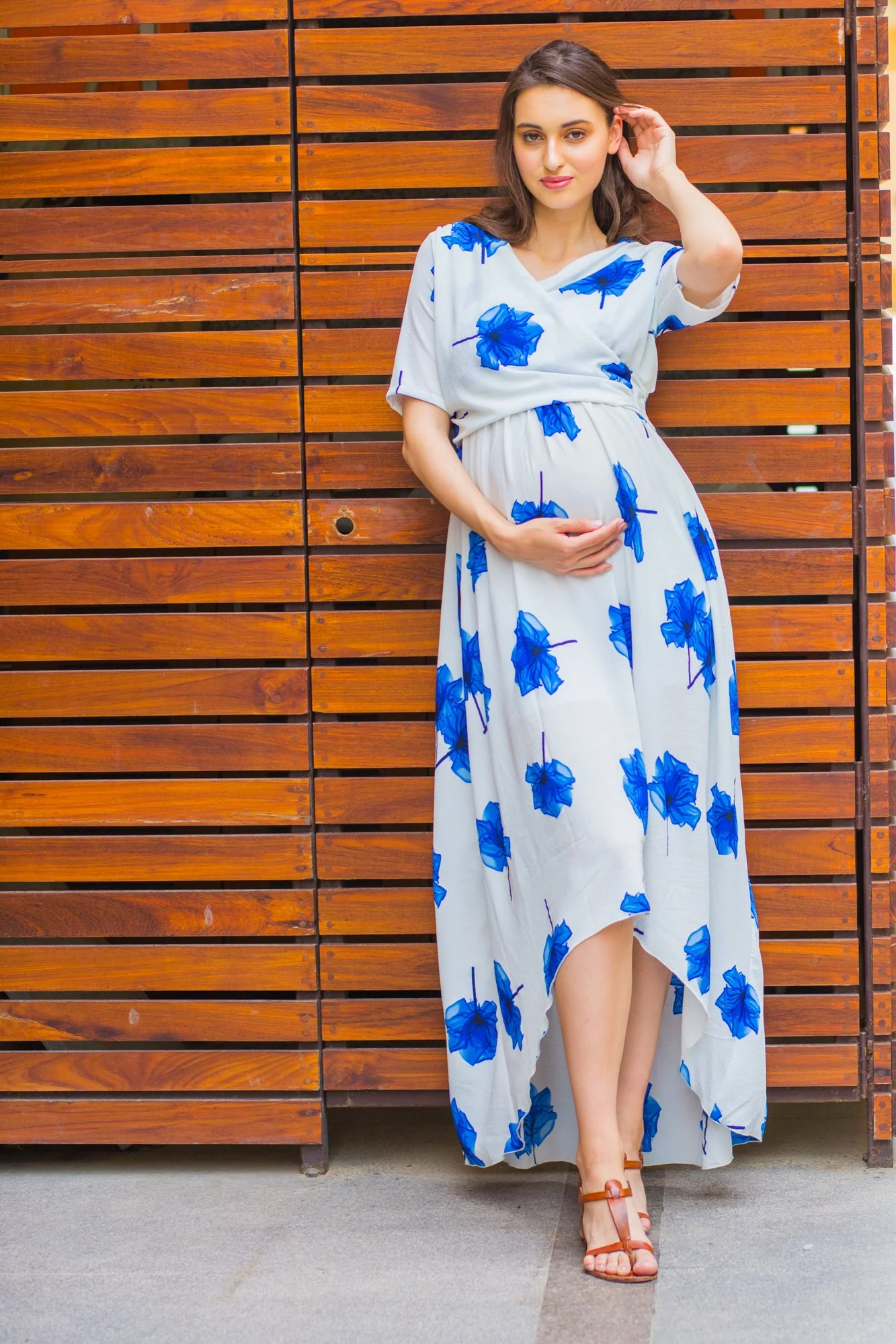 Ice Blue Floral  Hi-Low Maternity & Nursing Wrap Dress - Chenance