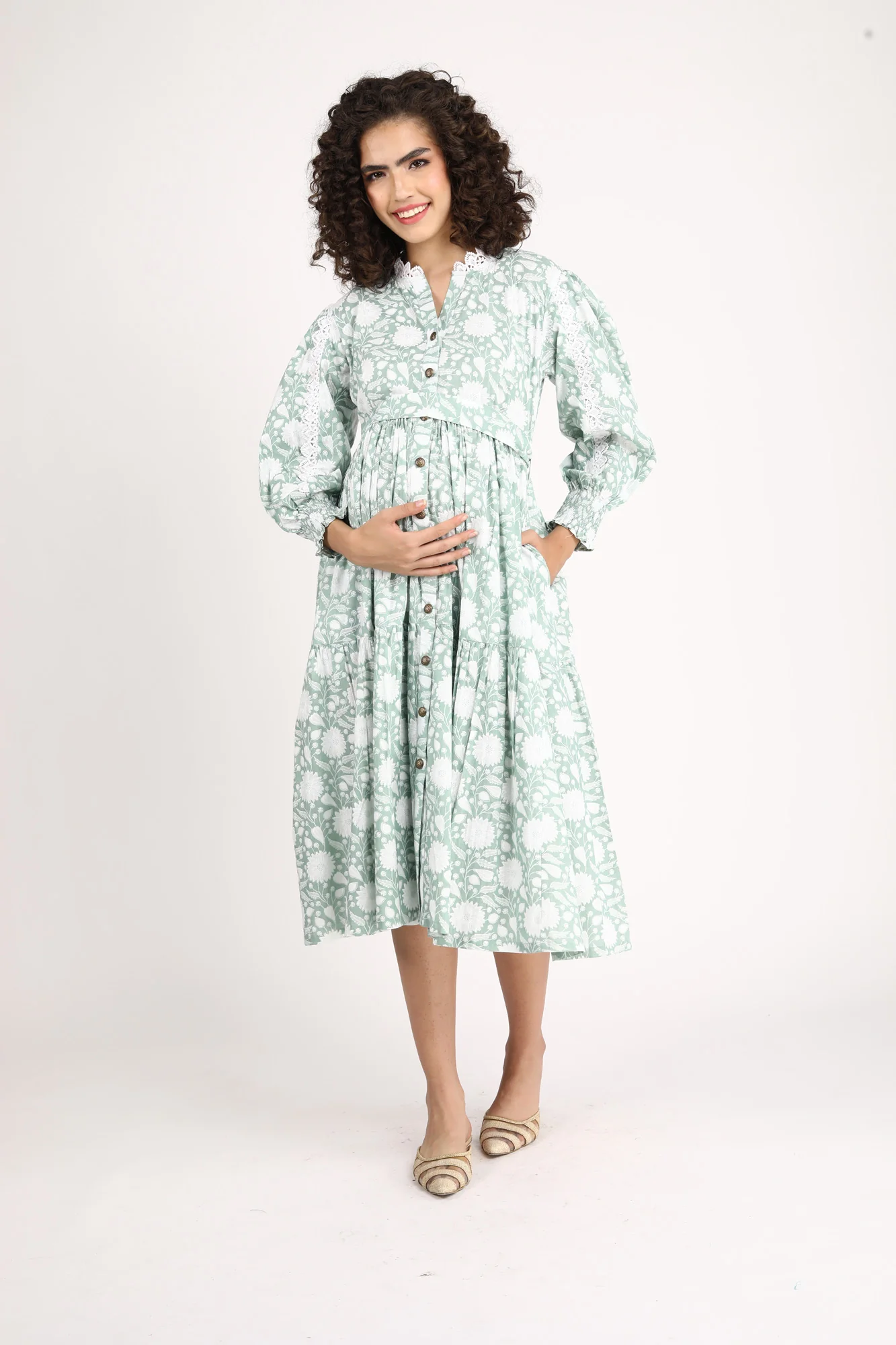 Seafoam Maternity & Nursing Gathered Dress (100% Cotton) - Chenance