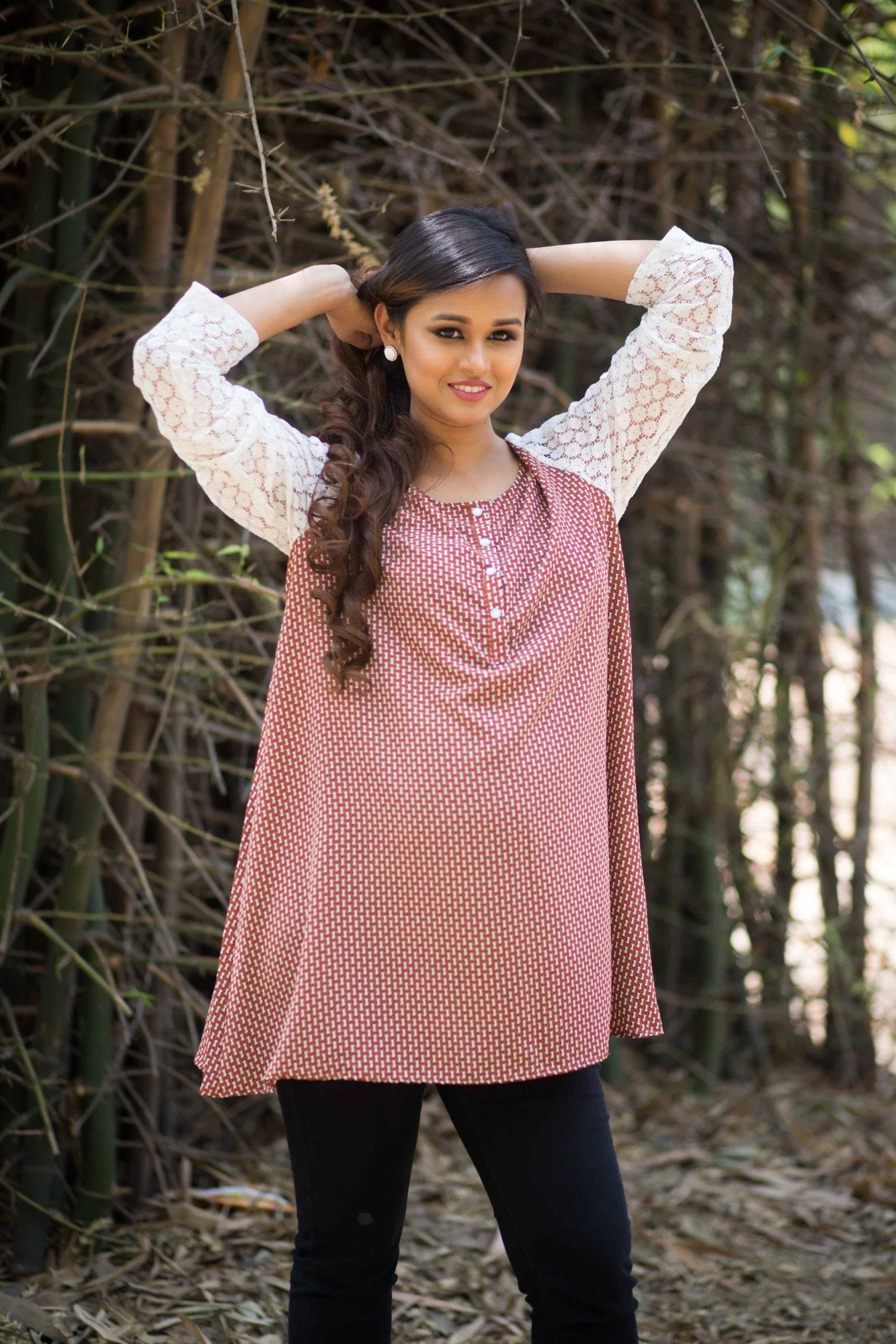 Red Print Net Sleeves Nursing Top - Chenance