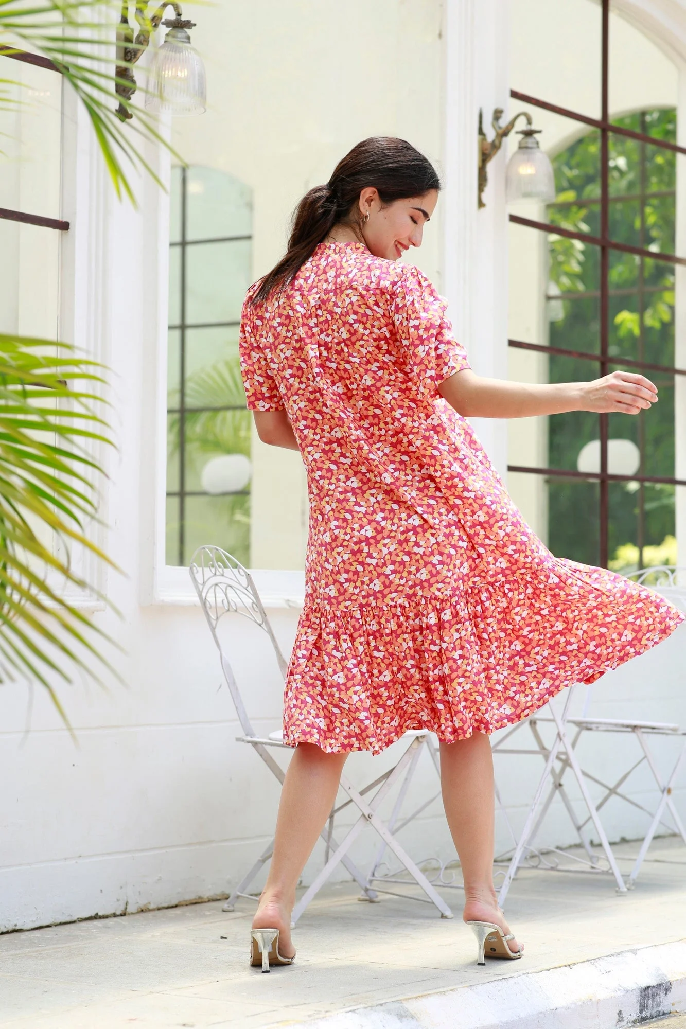 Carrot Punch Floral Maternity & Nursing Frill Shirt Dress - Chenance