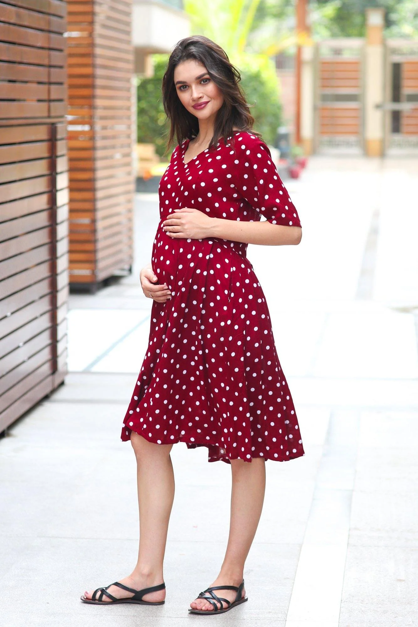 Burgundy Polka Maternity & Nursing Dress - Chenance