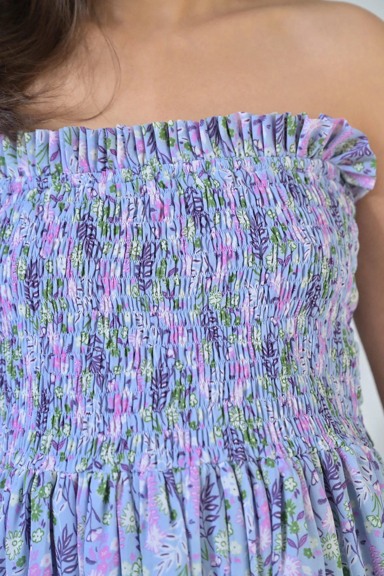 Pretty Blue Chiffon Floral Maternity Off-Shoulder Dress - Chenance