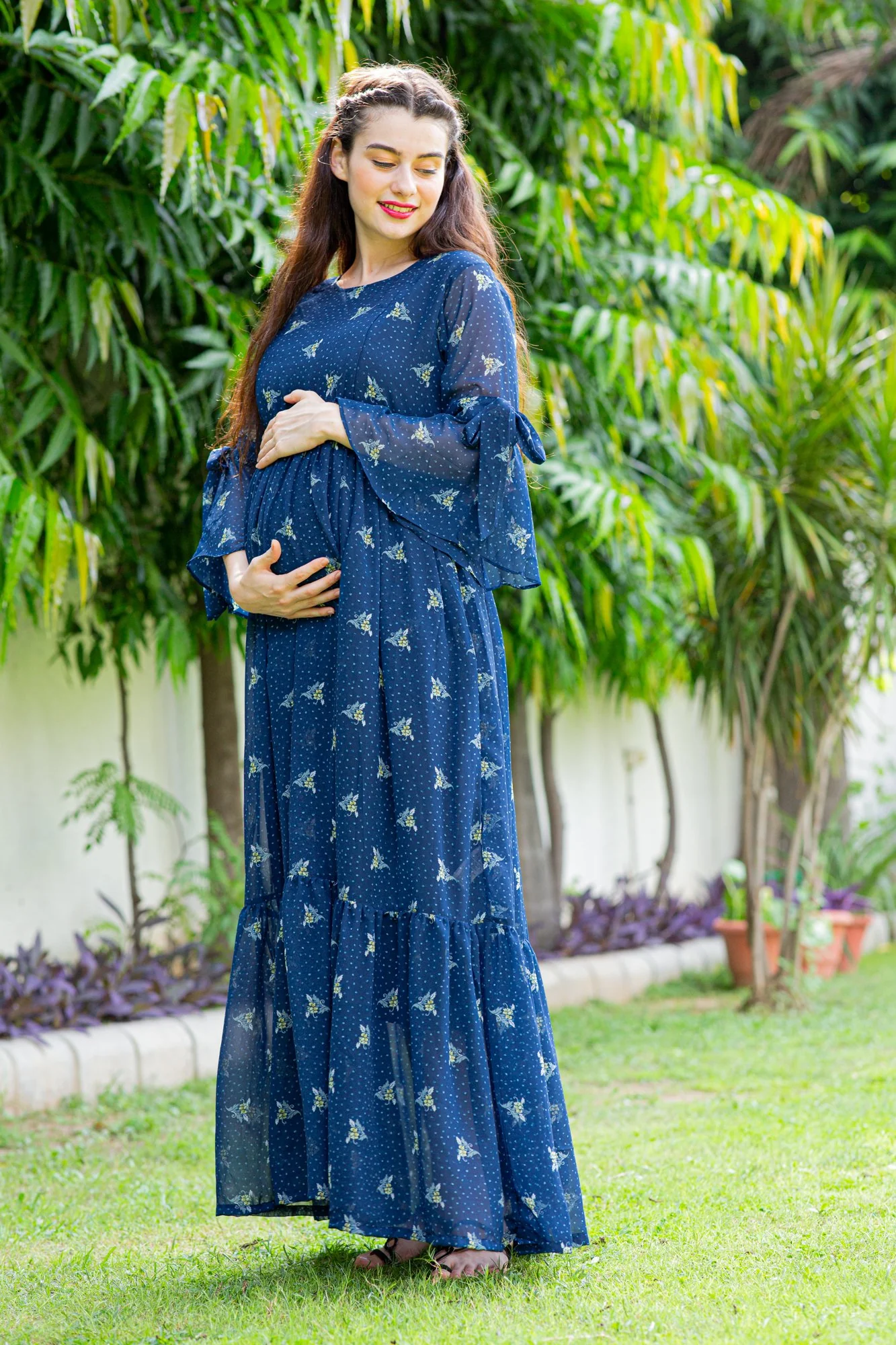 Blue High Maternity & Nursing Frill Dress - Chenance