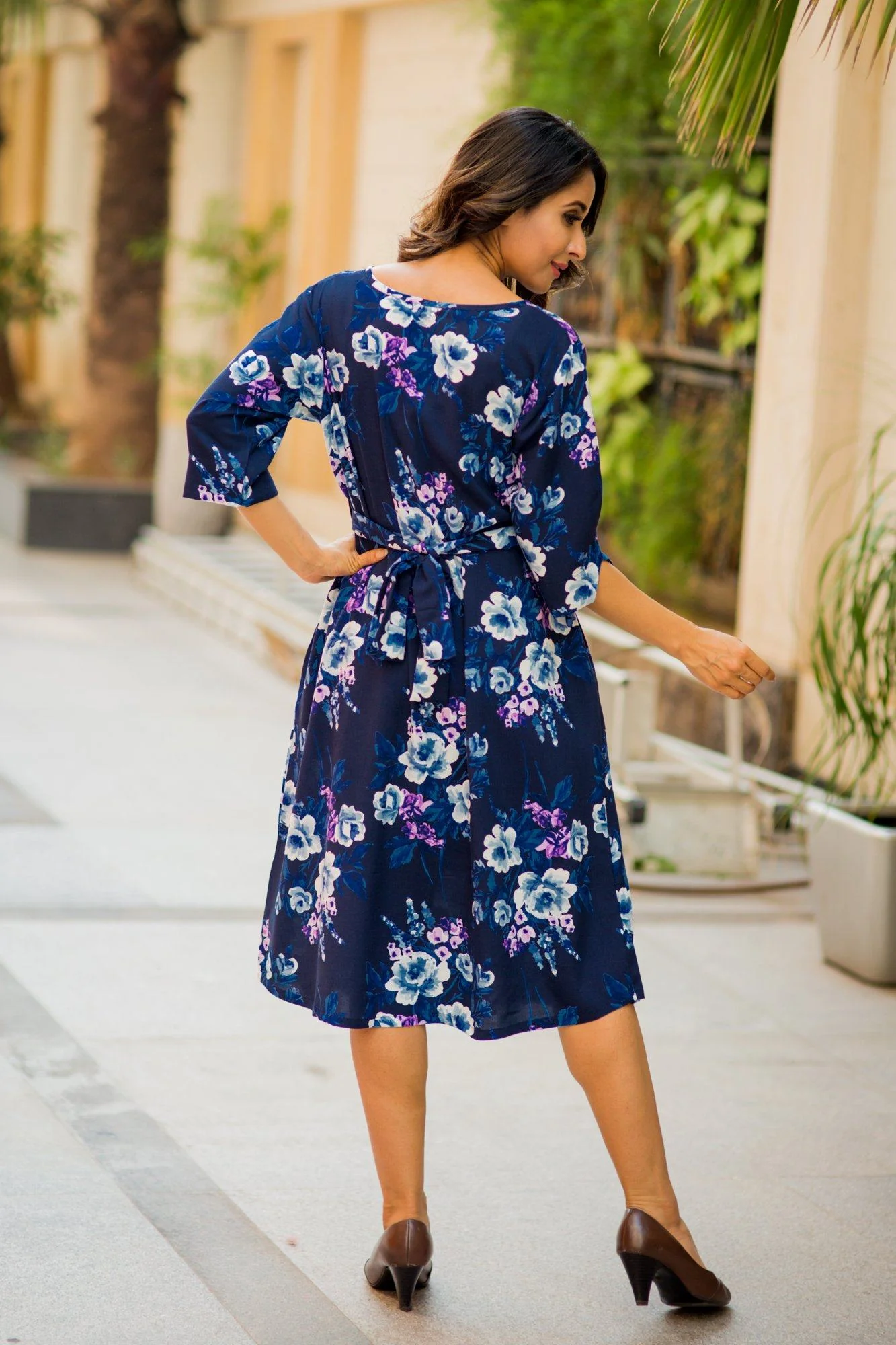 Ocean Blue Floral Print Pocket Versatile Maternity Dress - Chenance