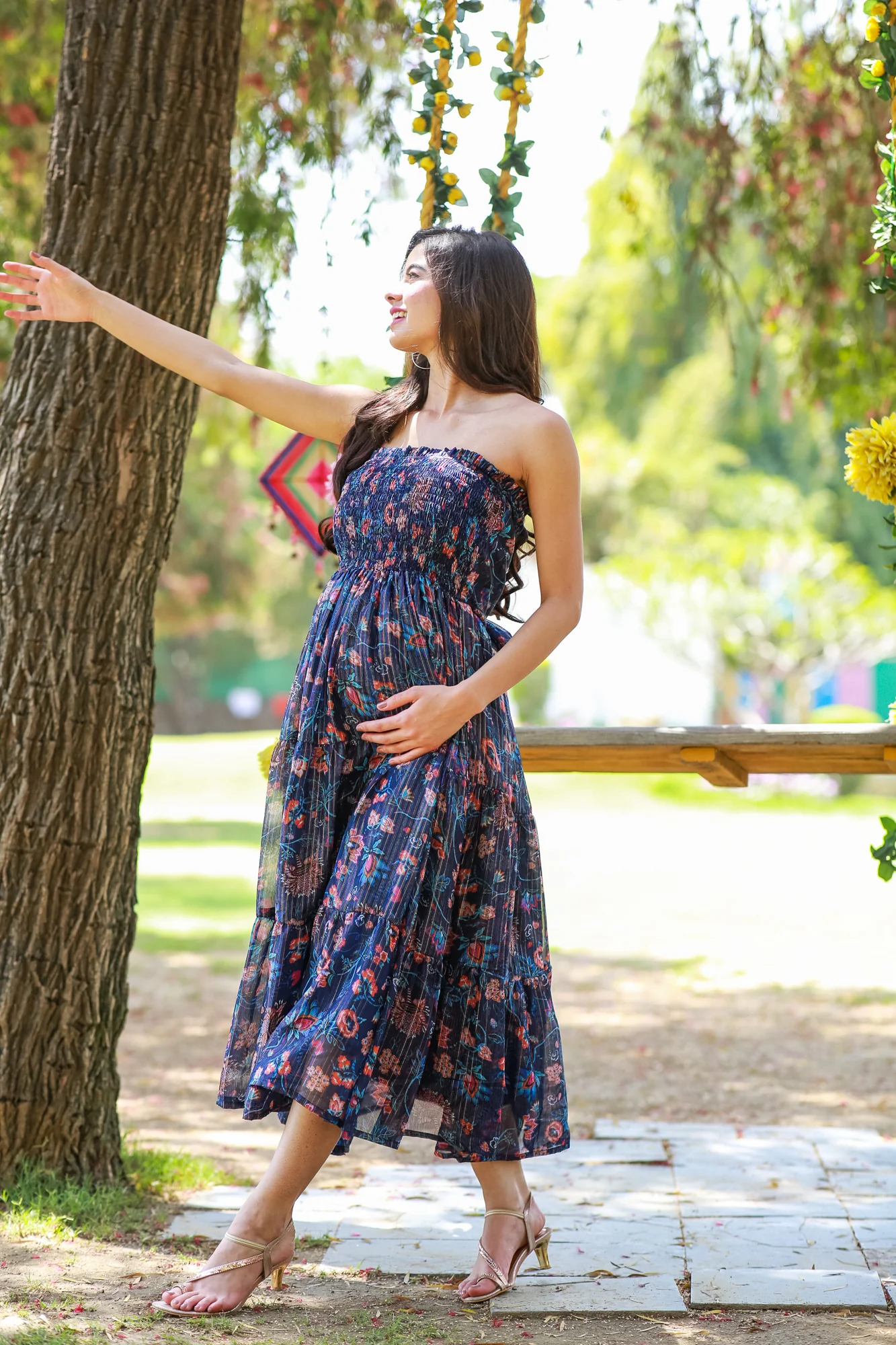 Midnight Chiffon Floral Maternity Off-Shoulder Frill Dress - Chenance