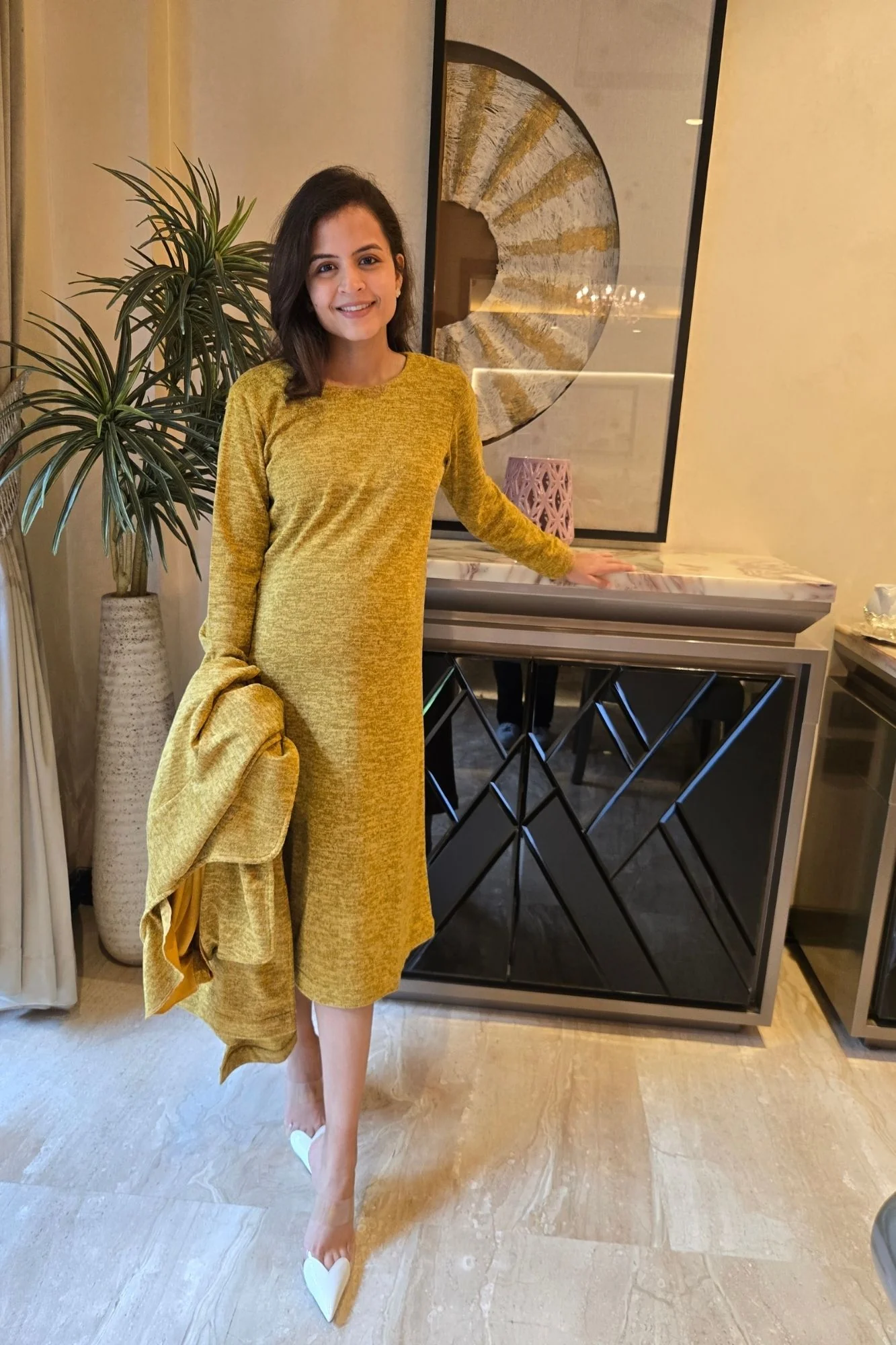 Breezy Mustard Maternity Winter Dress With Cover Up (2pc) - Chenance