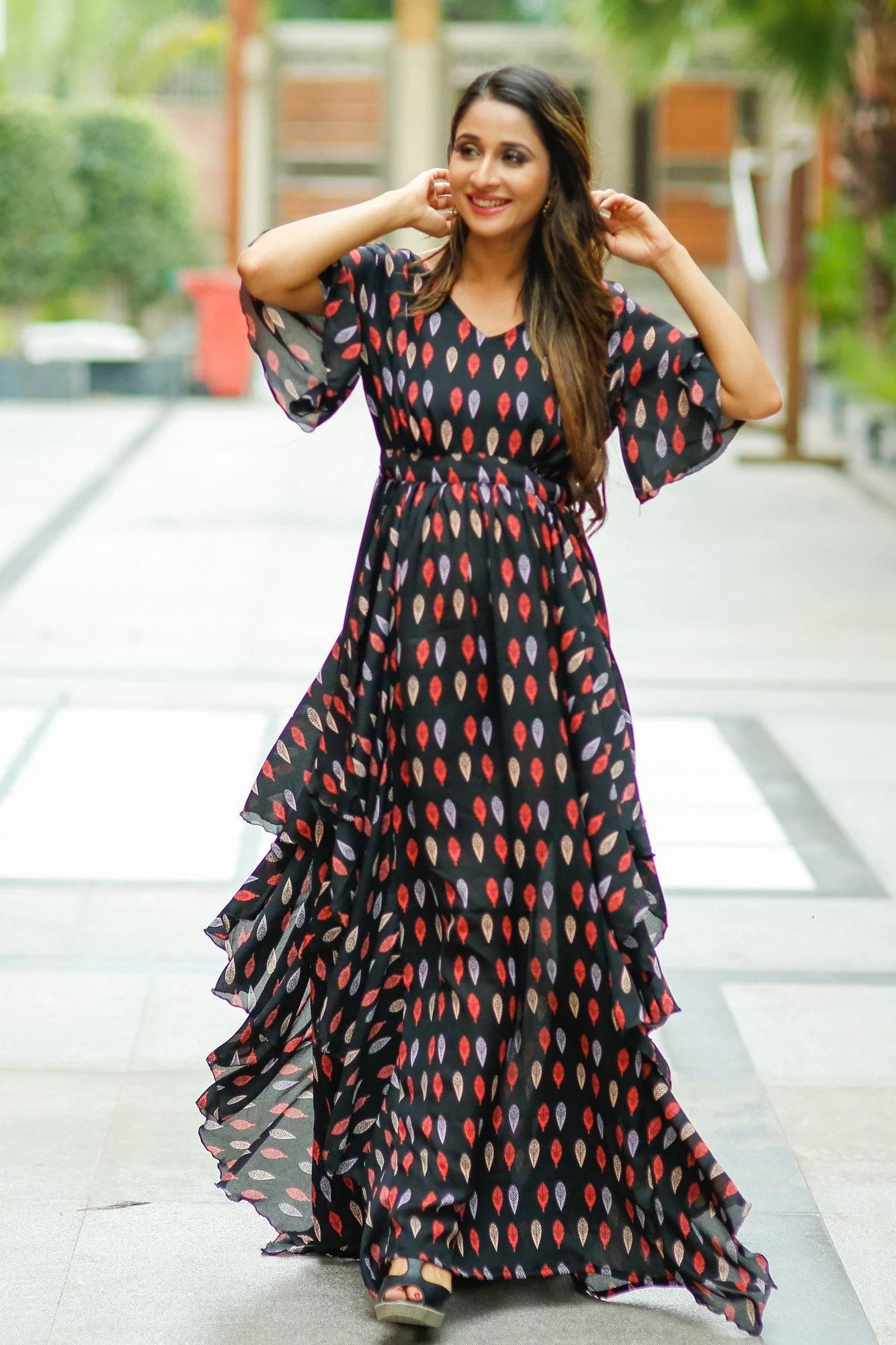 Leafy Black Crepe Cascading Maternity Dress - Chenance