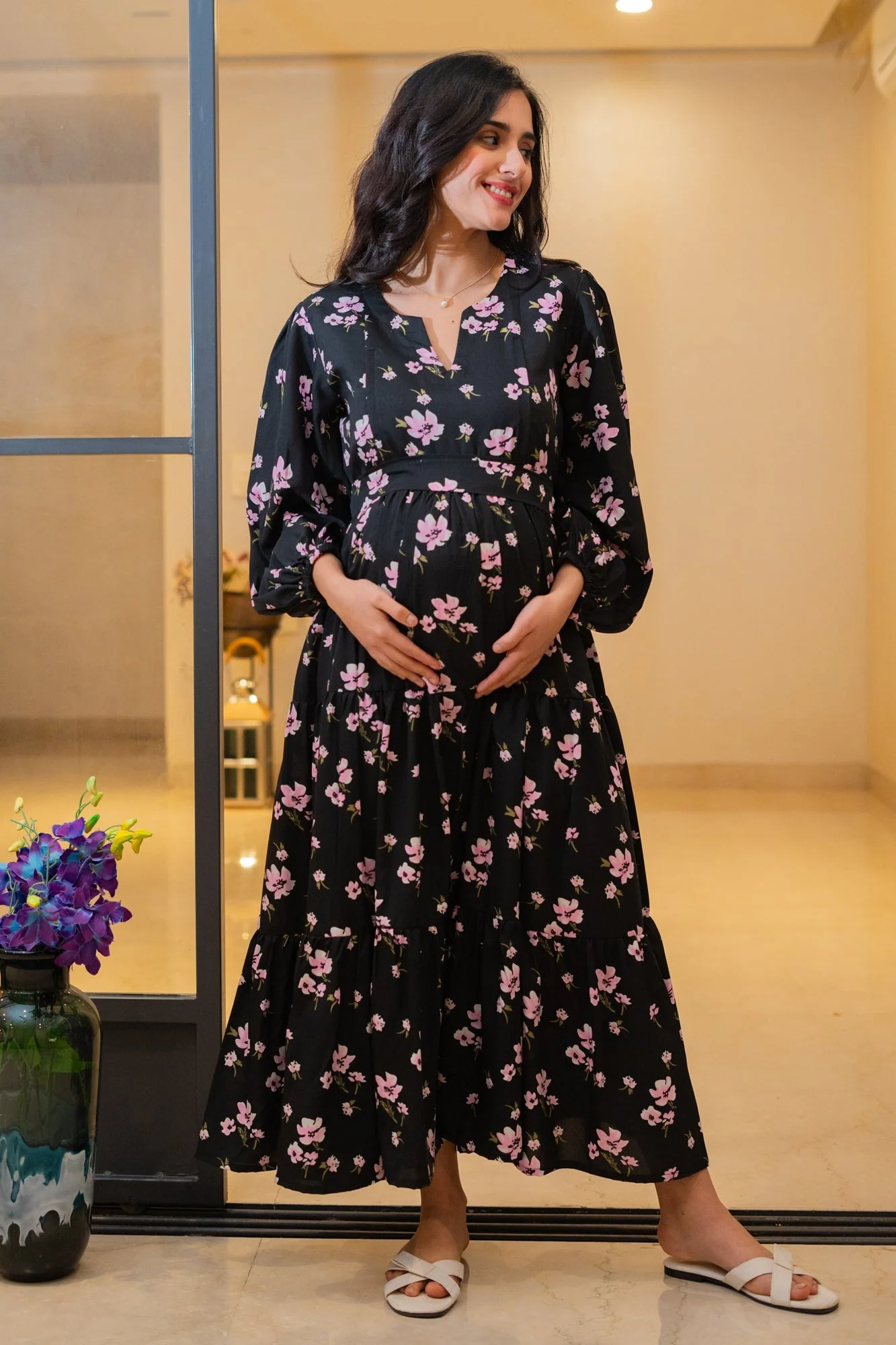 Eden Classic Black Bloom Maternity & Nursing Layered Dress - Chenance