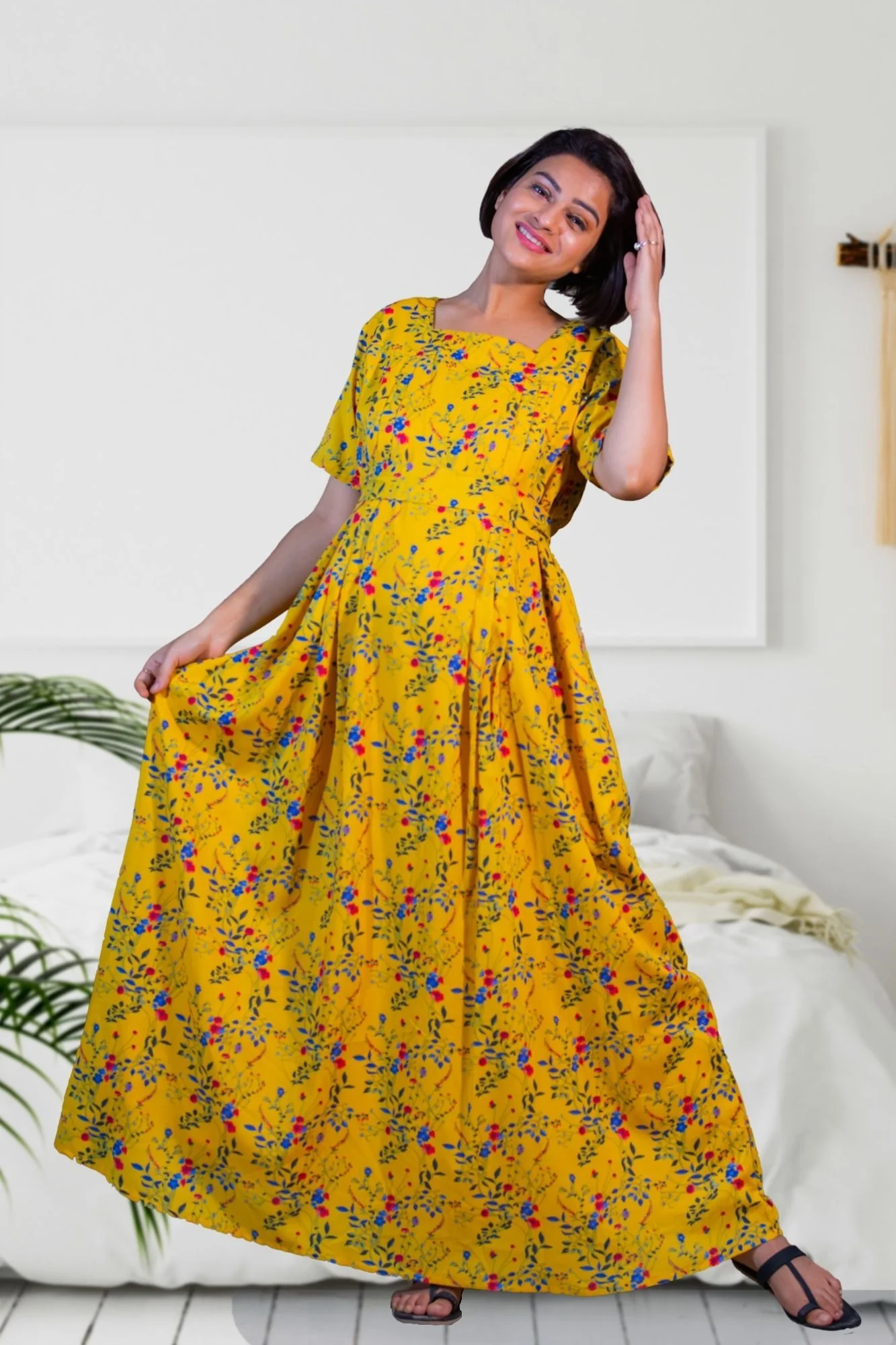 Moonlight Yellow Maternity & Nursing Dress / Delivery Gown/ Night Dress - Chenance