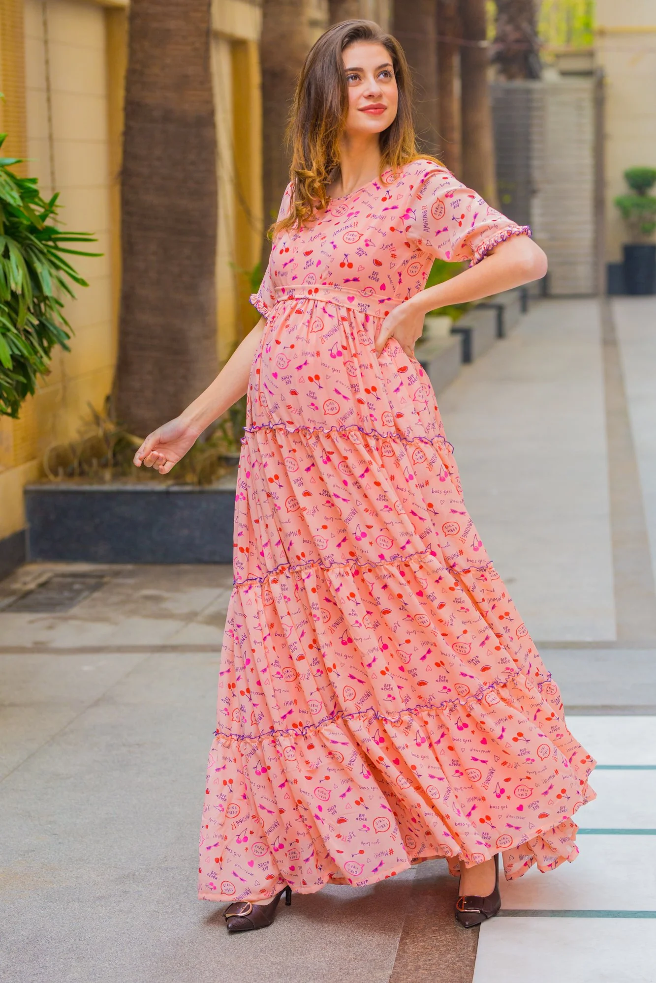 Peach Love Frill Maternity & Nursing Dress - Chenance