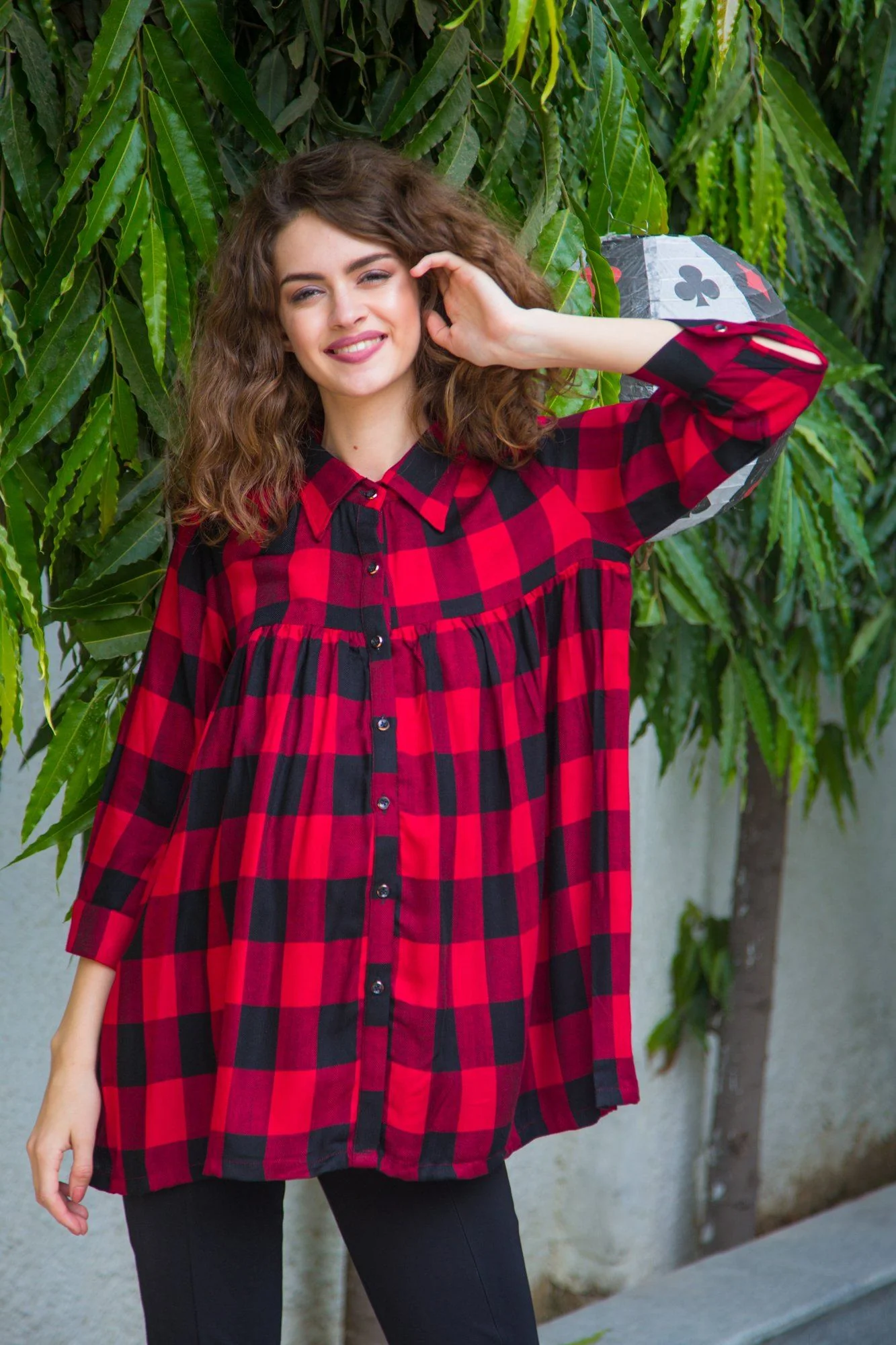 Classic Red Check Gathered Maternity & Nursing Top - Chenance