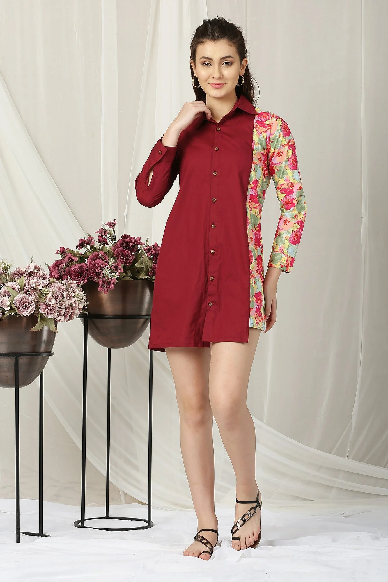 Women Brick Red Printed Shirt Dress (100% Cotton) - Chenance