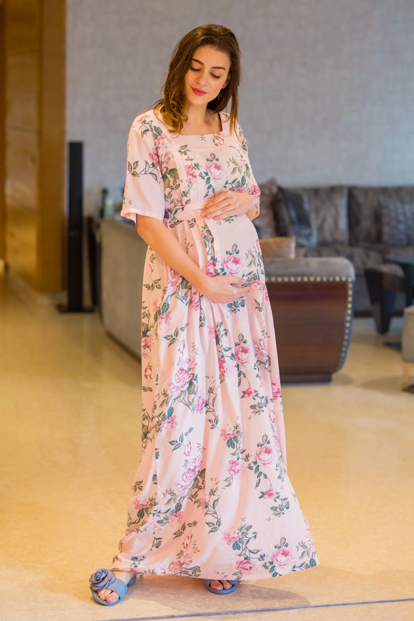 Rosy Pink Maternity & Nursing Night Dress - Chenance