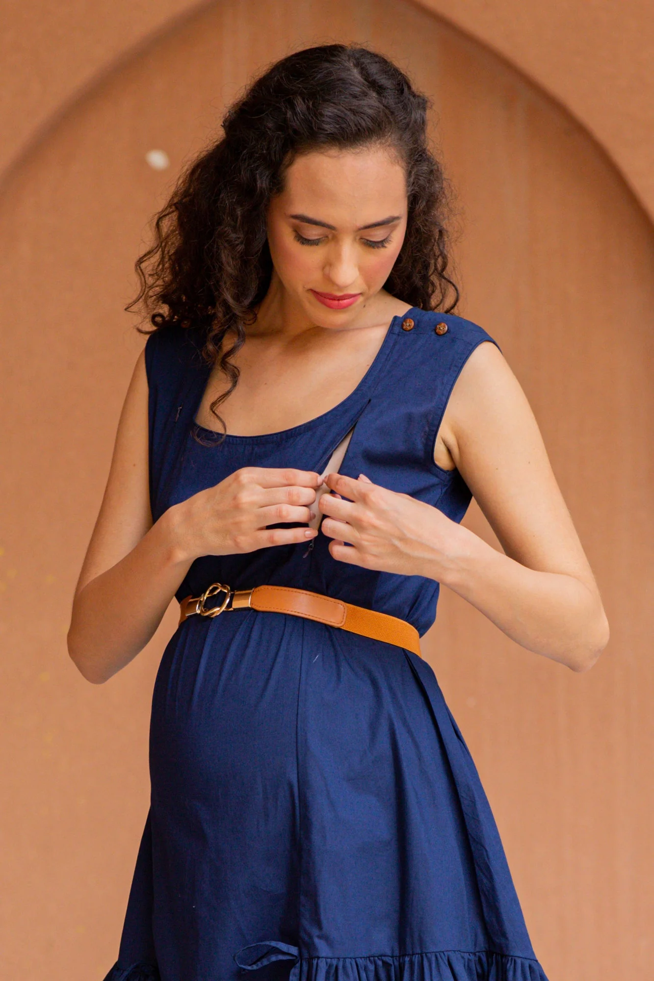 Classic Navy Blue Sleeveless Maternity & Nursing Frill Dress (100% Cotton) - Chenance