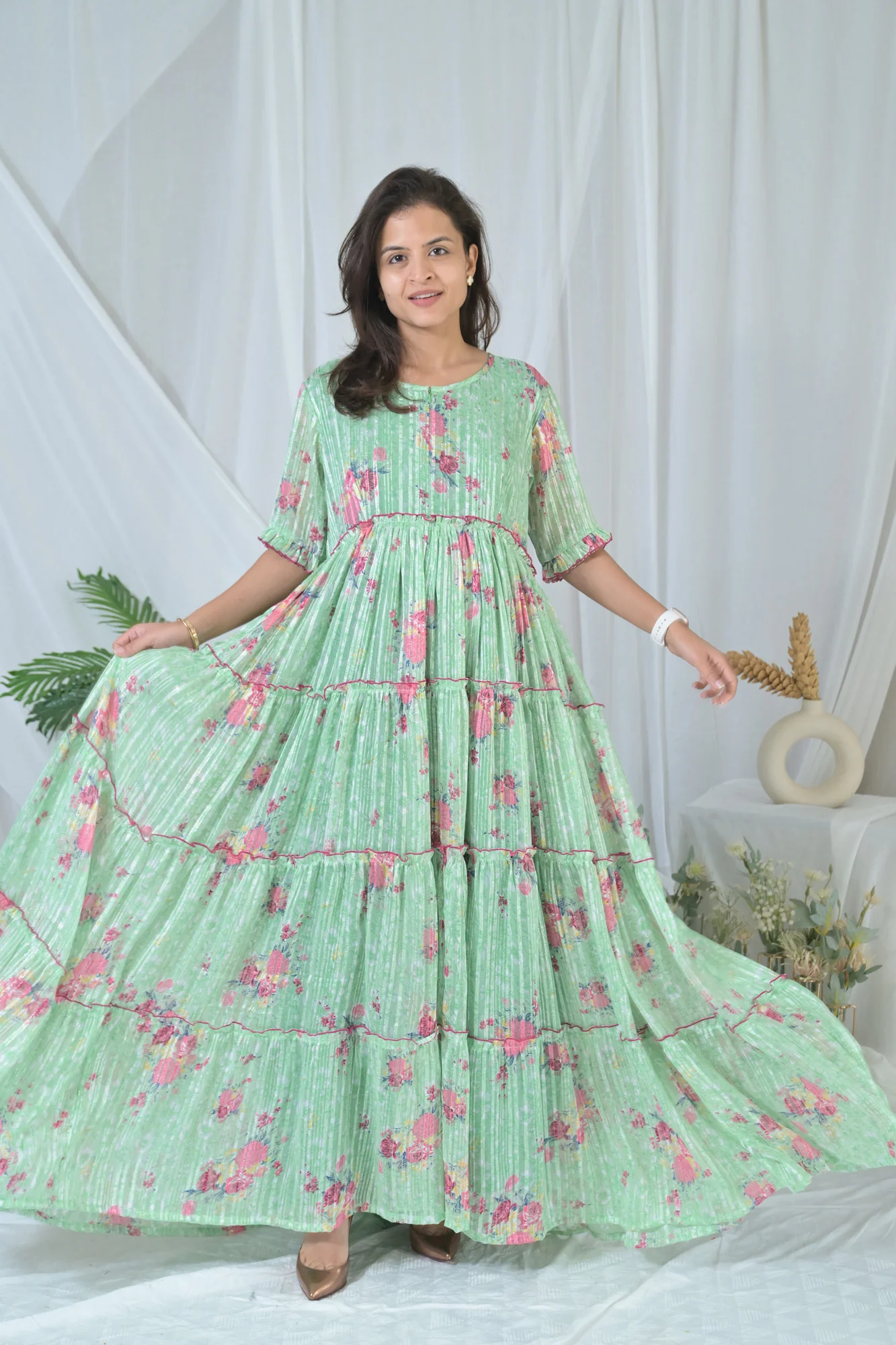 Graceful Mint Green Frill Maternity & Nursing Dress - Chenance