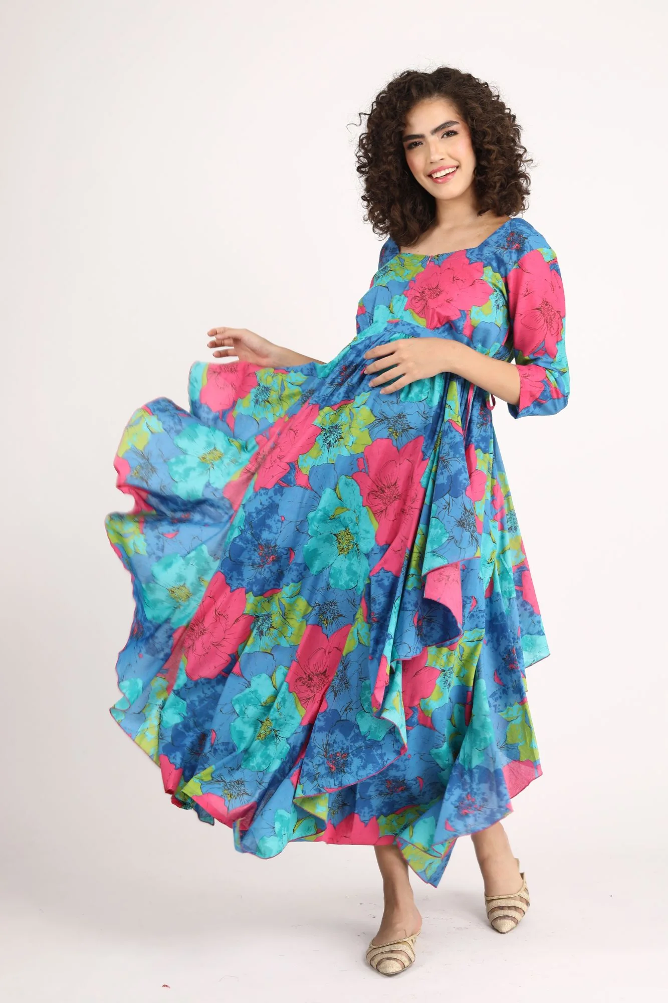 Dazzling Blue Maternity & Nursing Flow Dress (100% Cotton) - Chenance