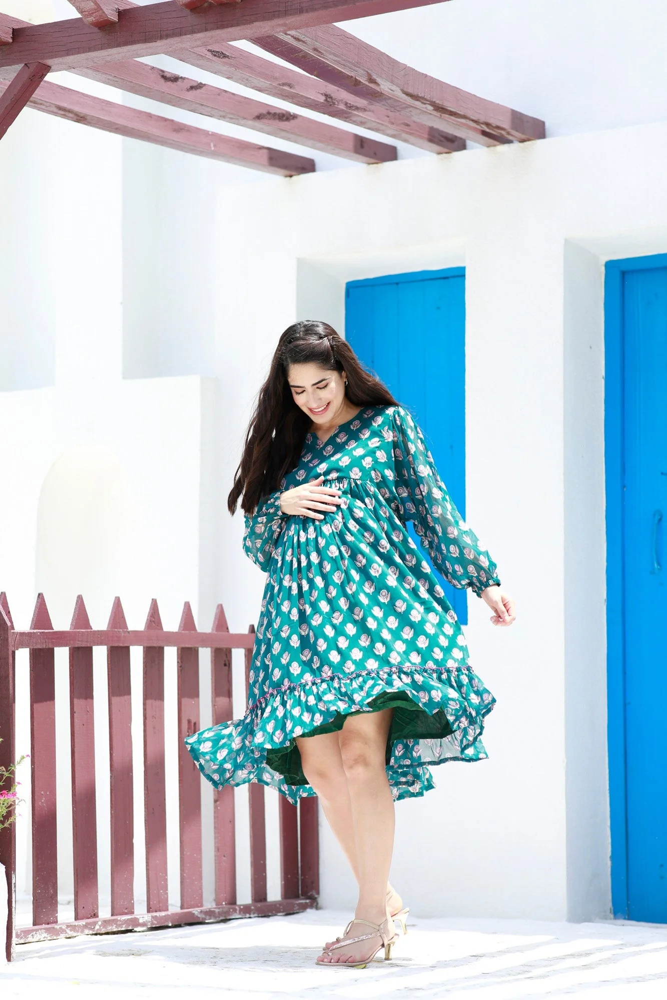 Breezy Emerald Floral Maternity Knee Frill Dress - Chenance