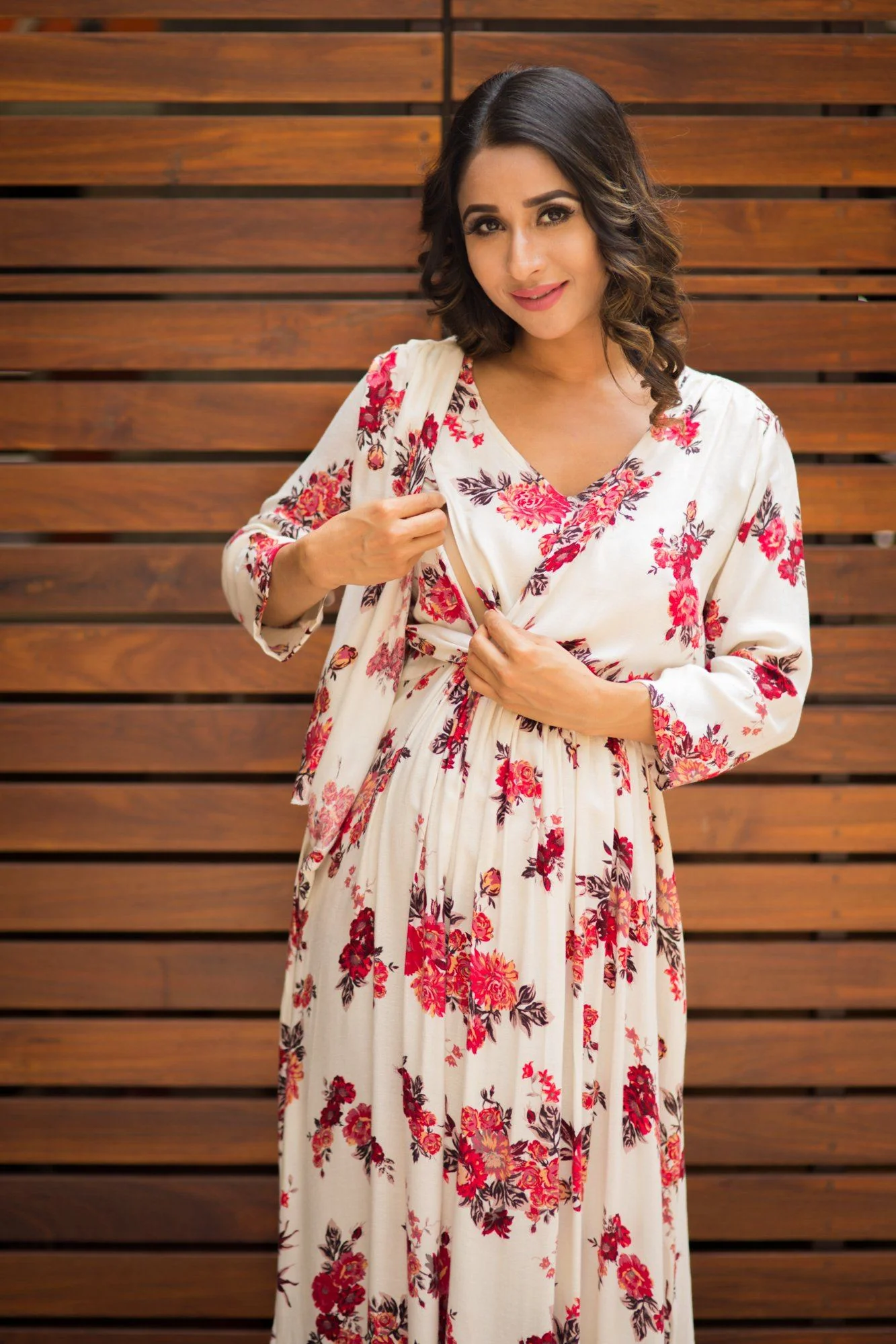 Angelic Cream White Floral Maternity & Nursing Wrap Dress - Chenance
