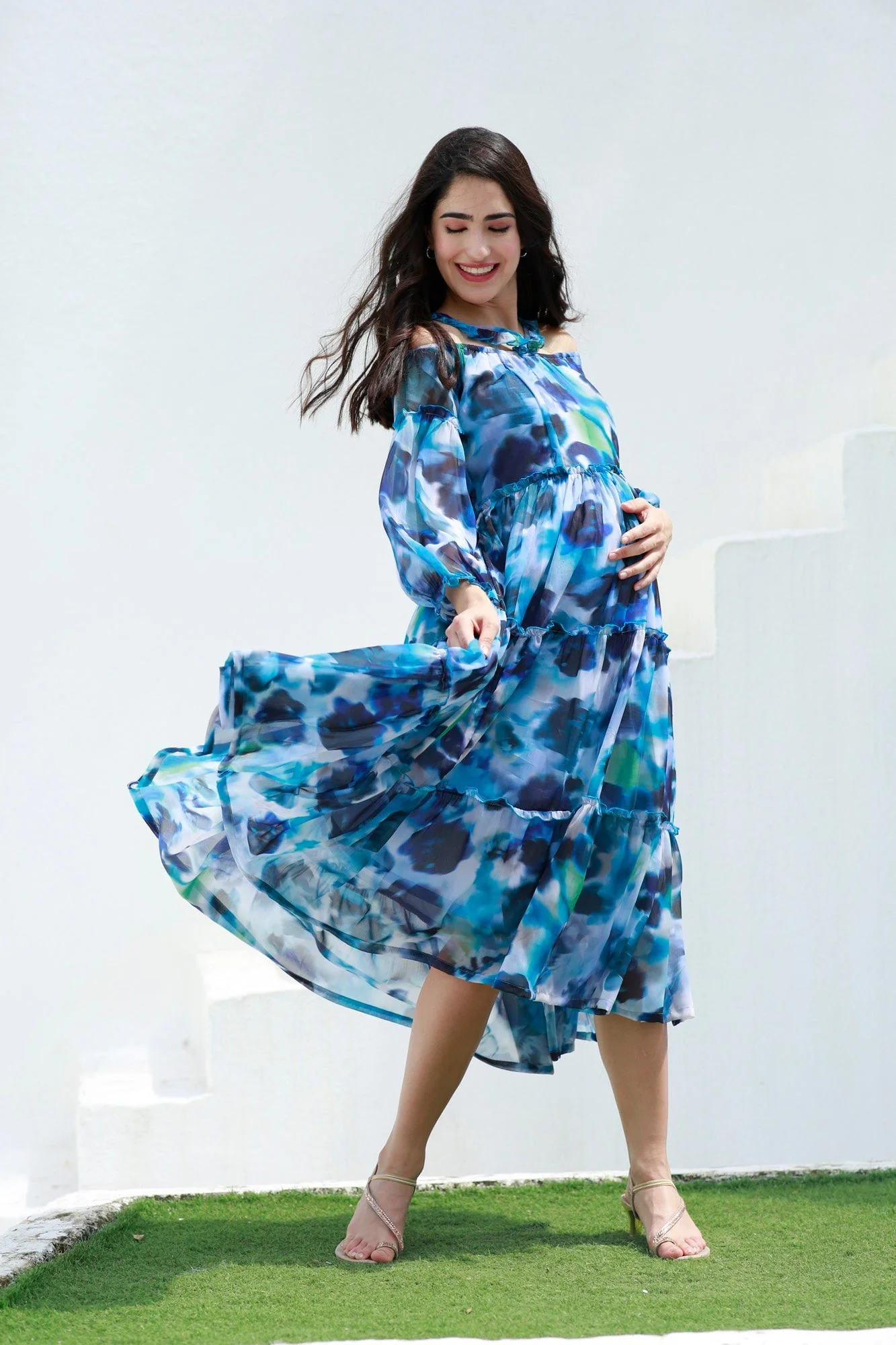 Paradise Blue Waves Halter Maternity & Nursing Frill Dress - Chenance