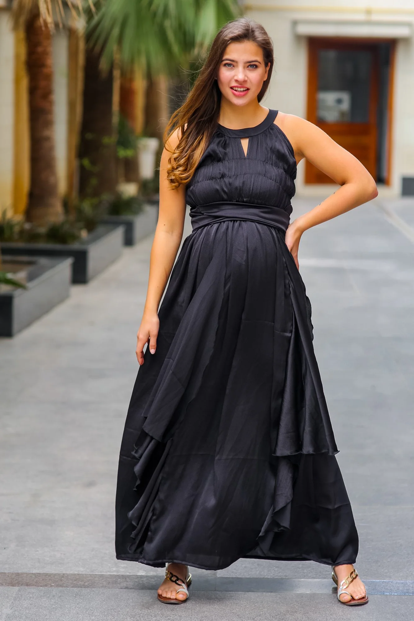 Luxe Noir Ruching Maternity Flow Dress - Chenance