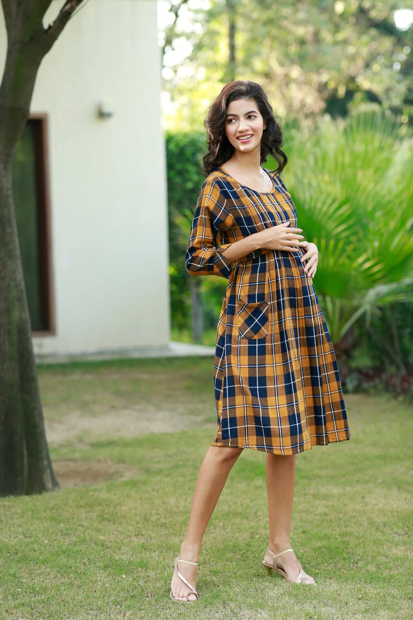 Paradise Mustard Plaid Pintucks Maternity & Nursing Dress - Chenance
