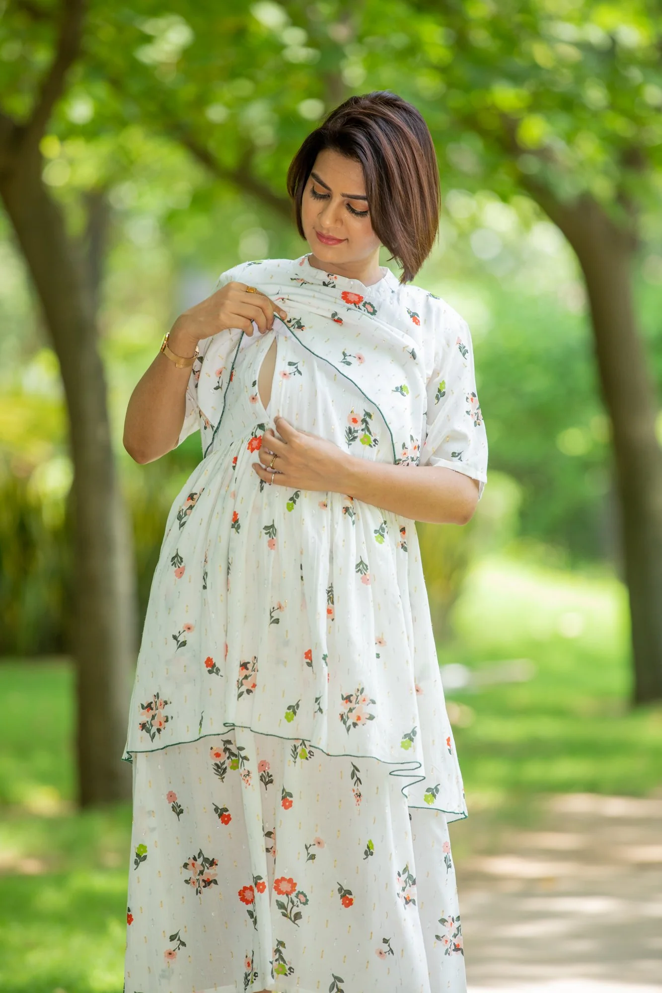 Misty Gold Embellished Maternity & Nursing Dress - Chenance