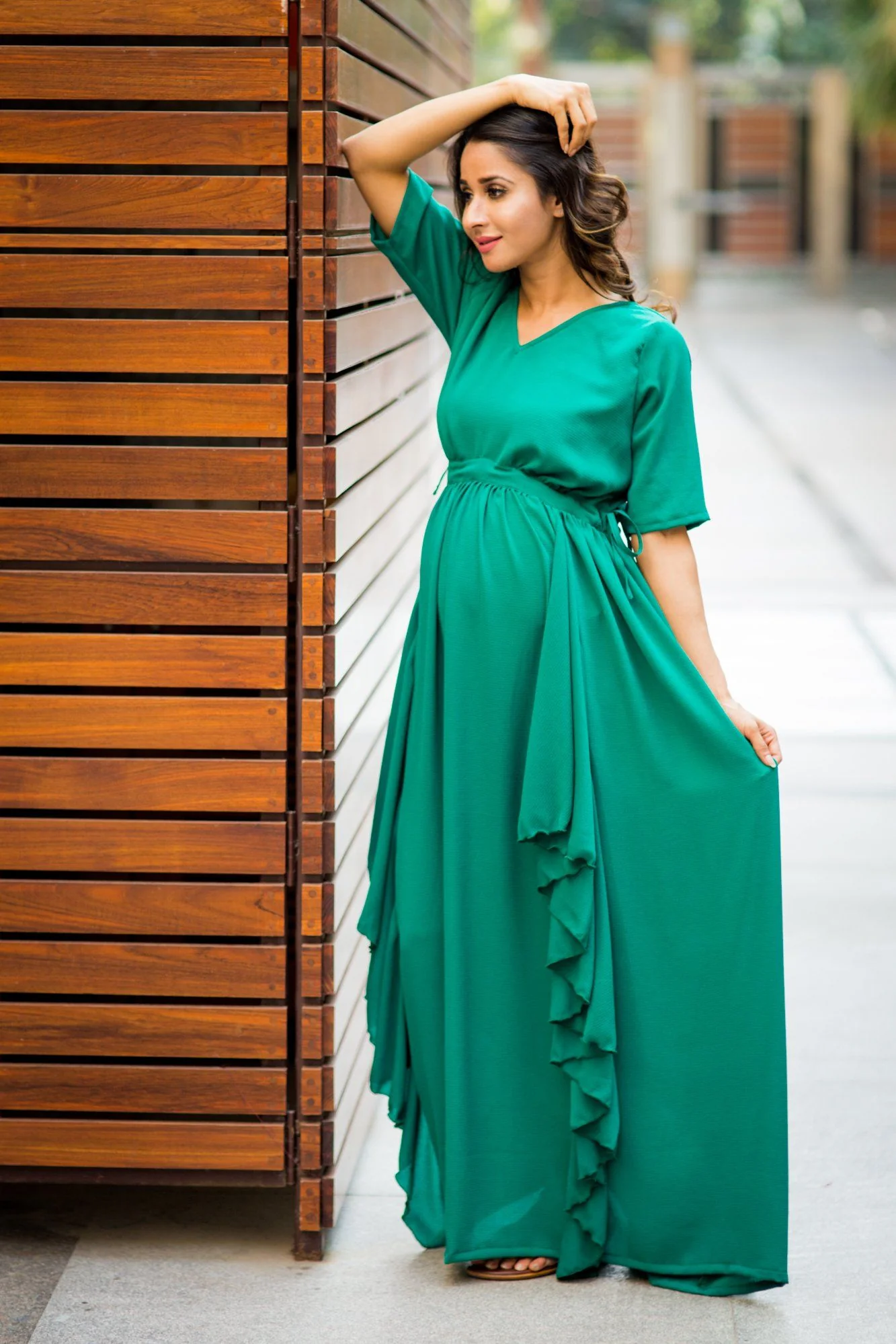 Luxe Forest Green Bubble Georgette Maternity Dress - Chenance