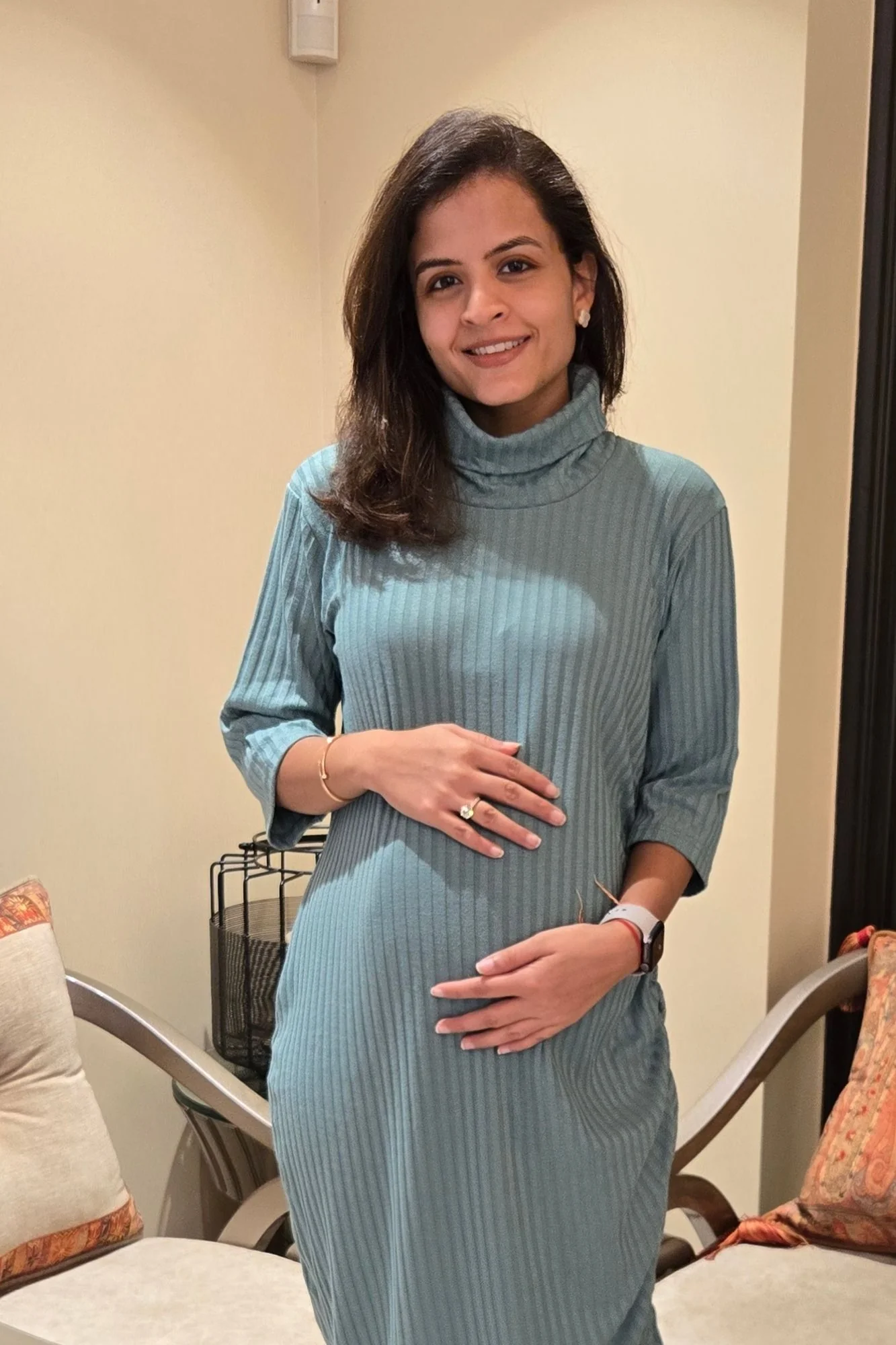 Refined Dusty Teal Ribbed Maternity Fitted Winter Dress - Chenance