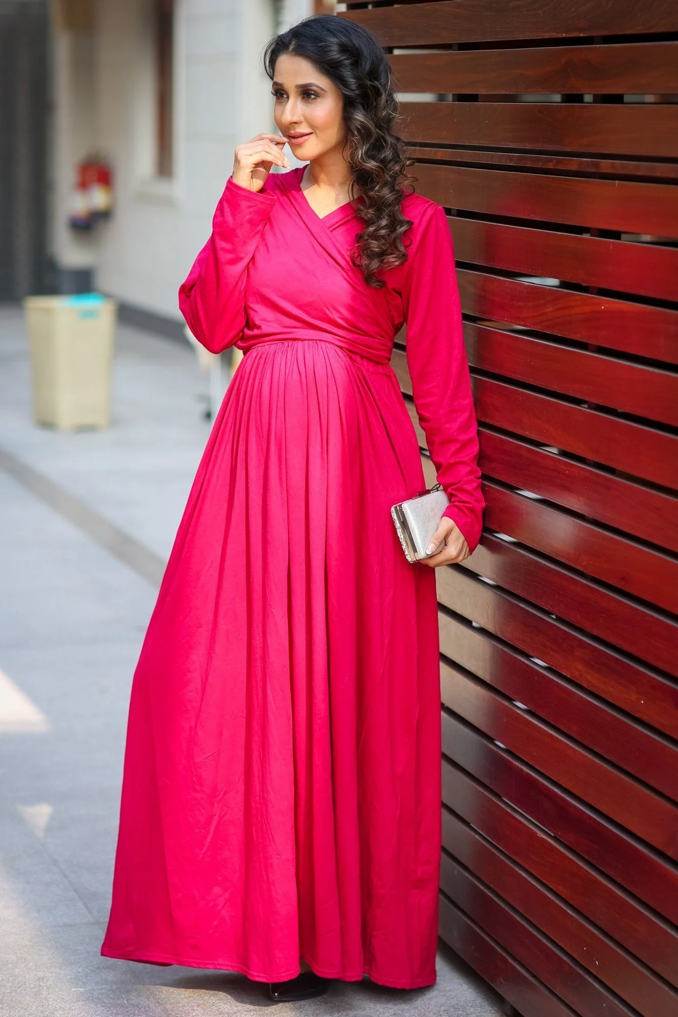 Royal Carnation Maternity & Nursing Lycra Wrap Dress - Chenance